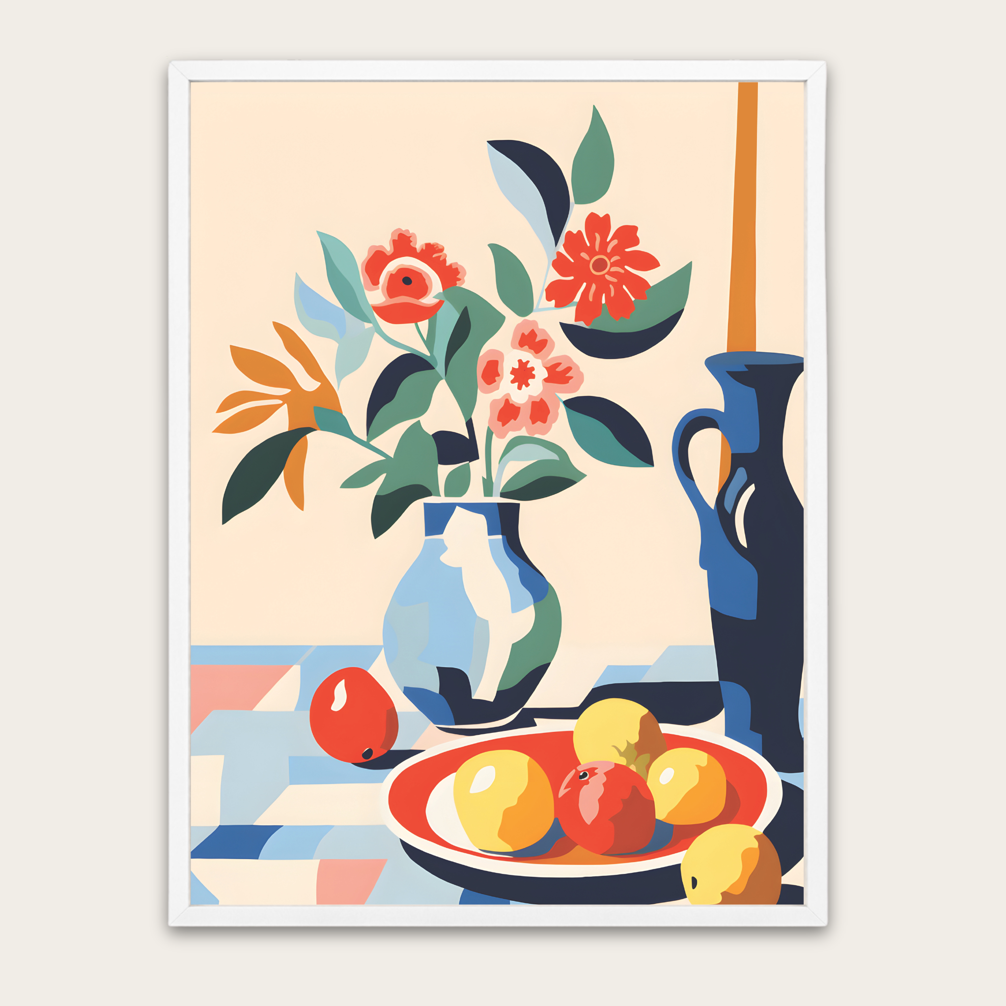 Framed Floral Still Life Poster — Colorful Vase & Fruit Wall Art