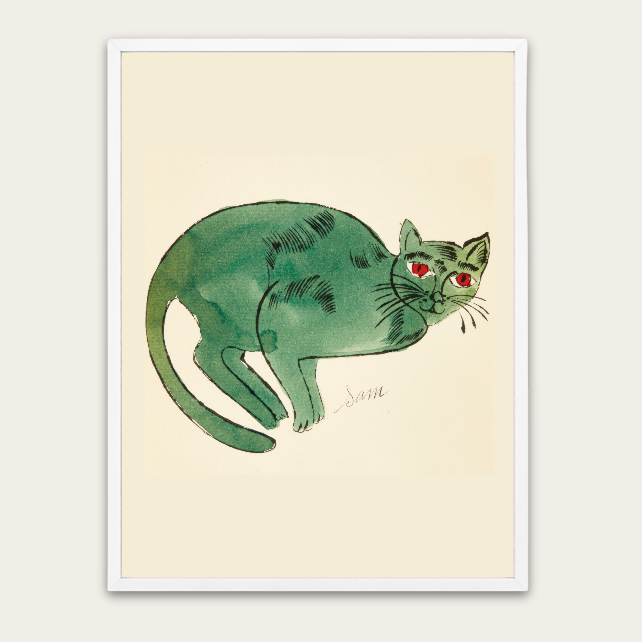 Groene aquarel kattenkunstprint — Ingelijste poster voor kattenliefhebbers, speelse decoratie voor de kinderkamer en woonkamer.