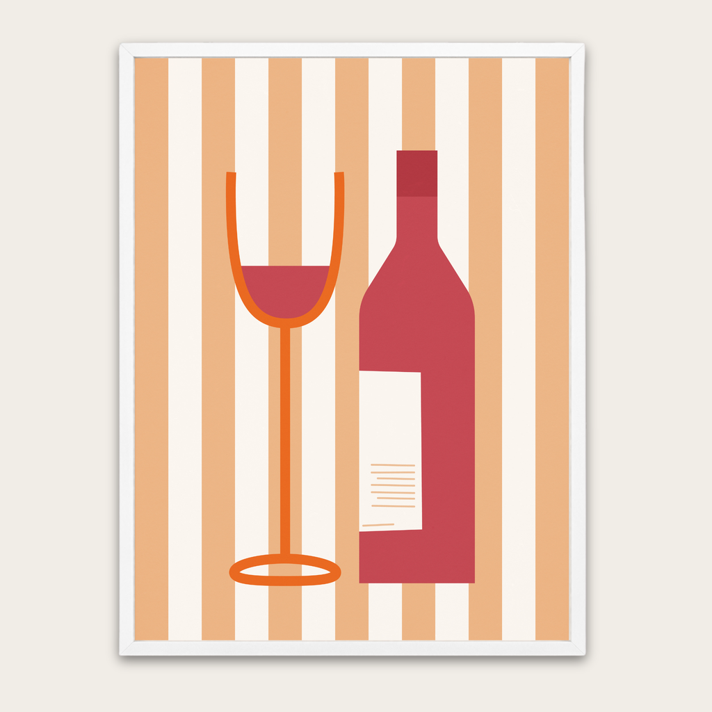 Wine Bottle & Glass Poster with Wooden Frame — Modern Kitchen Wall Art