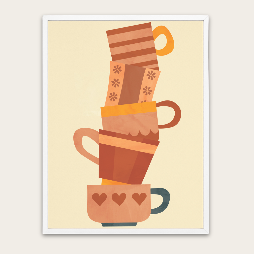 Stacked Coffee Cups Poster with Wooden Frame — Cozy Kitchen Wall Art