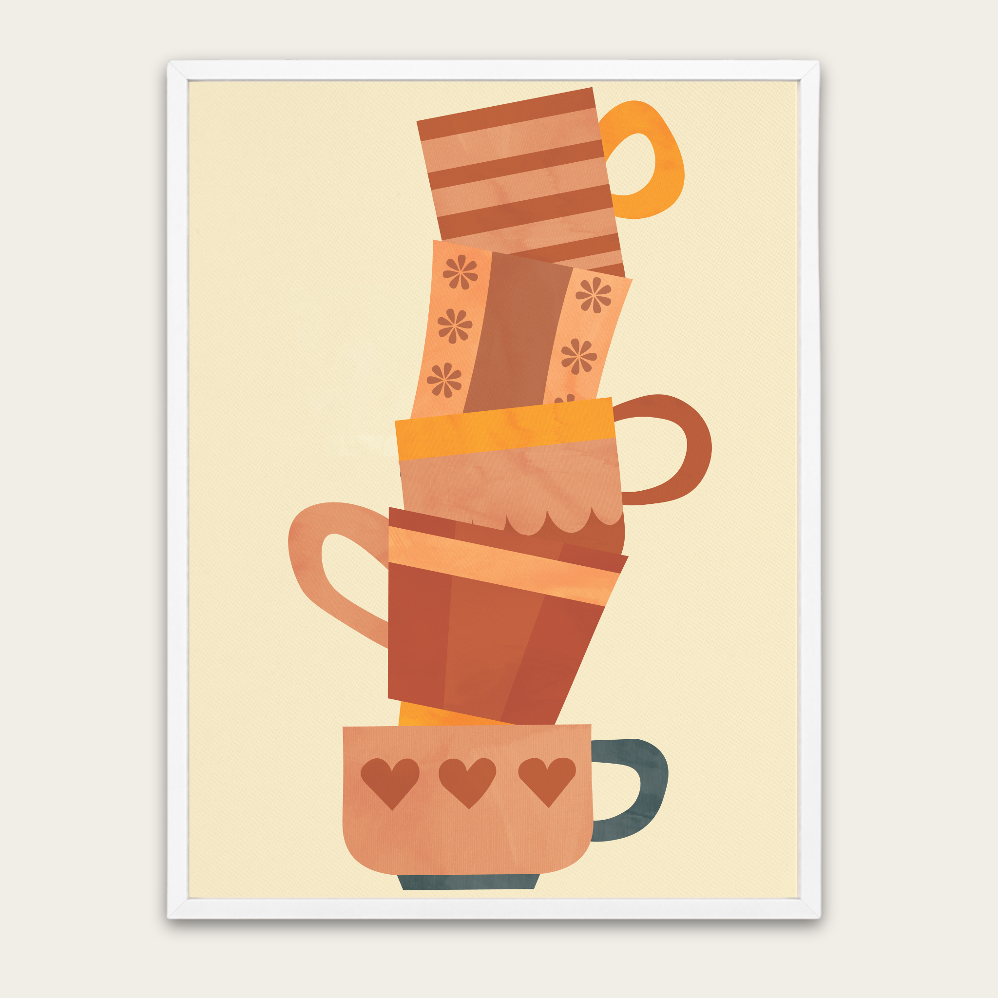 Stacked Coffee Cups Poster with Wooden Frame — Cozy Kitchen Wall Art