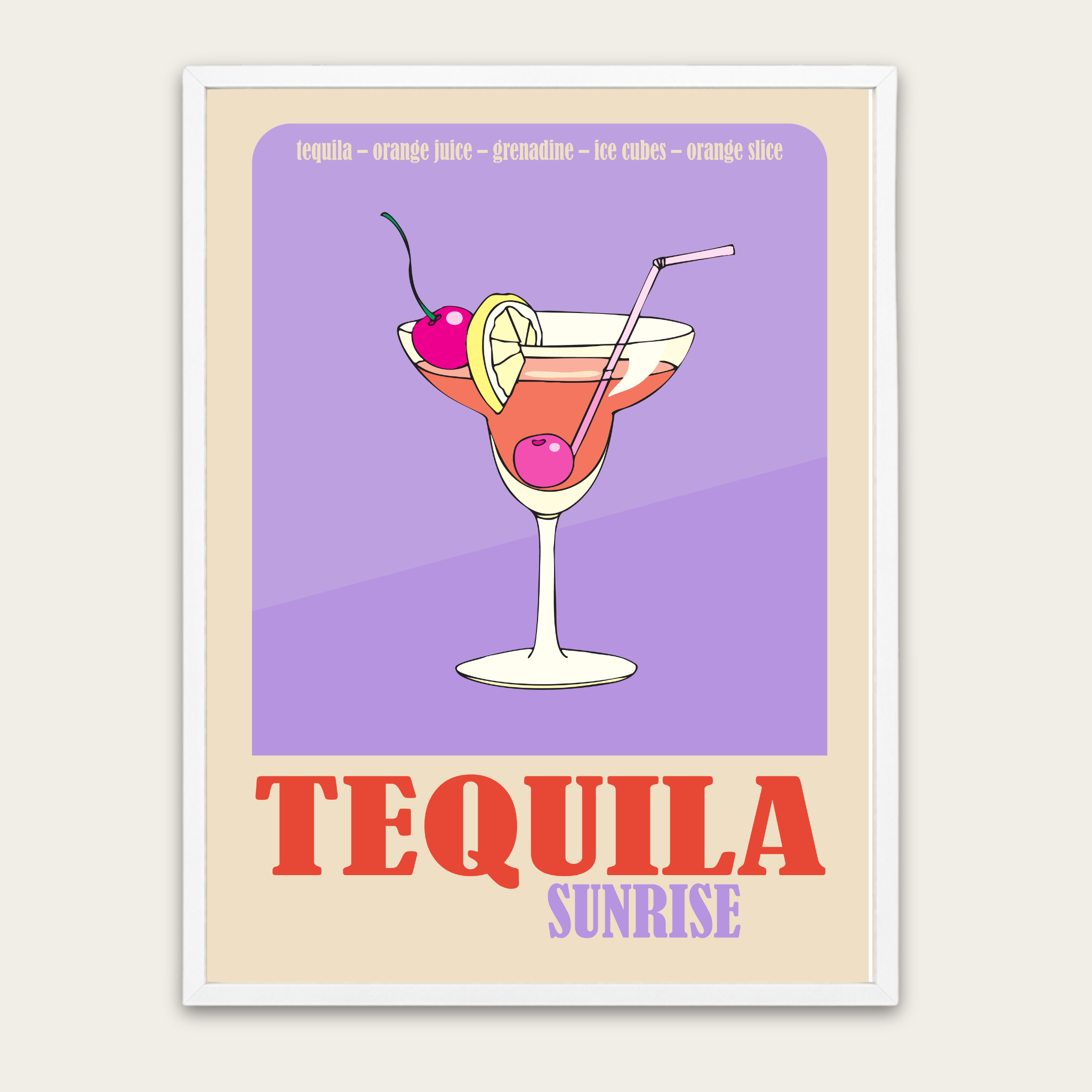 Tequila Sunrise Poster — Retro Cocktail Bar Art Print with Wooden Frame