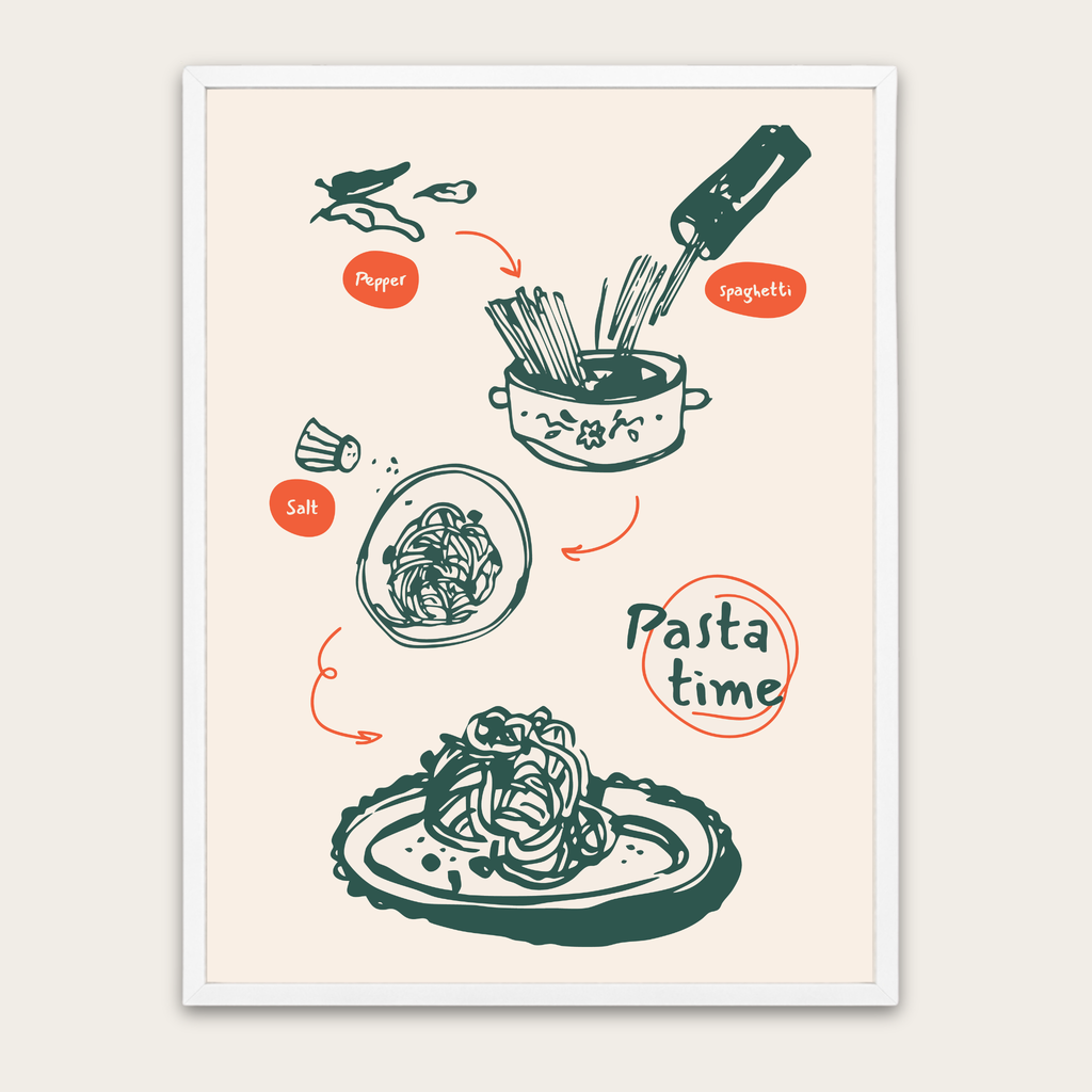 Pasta Time Poster — Illustrated Recipe Kitchen Art with Wooden Frame