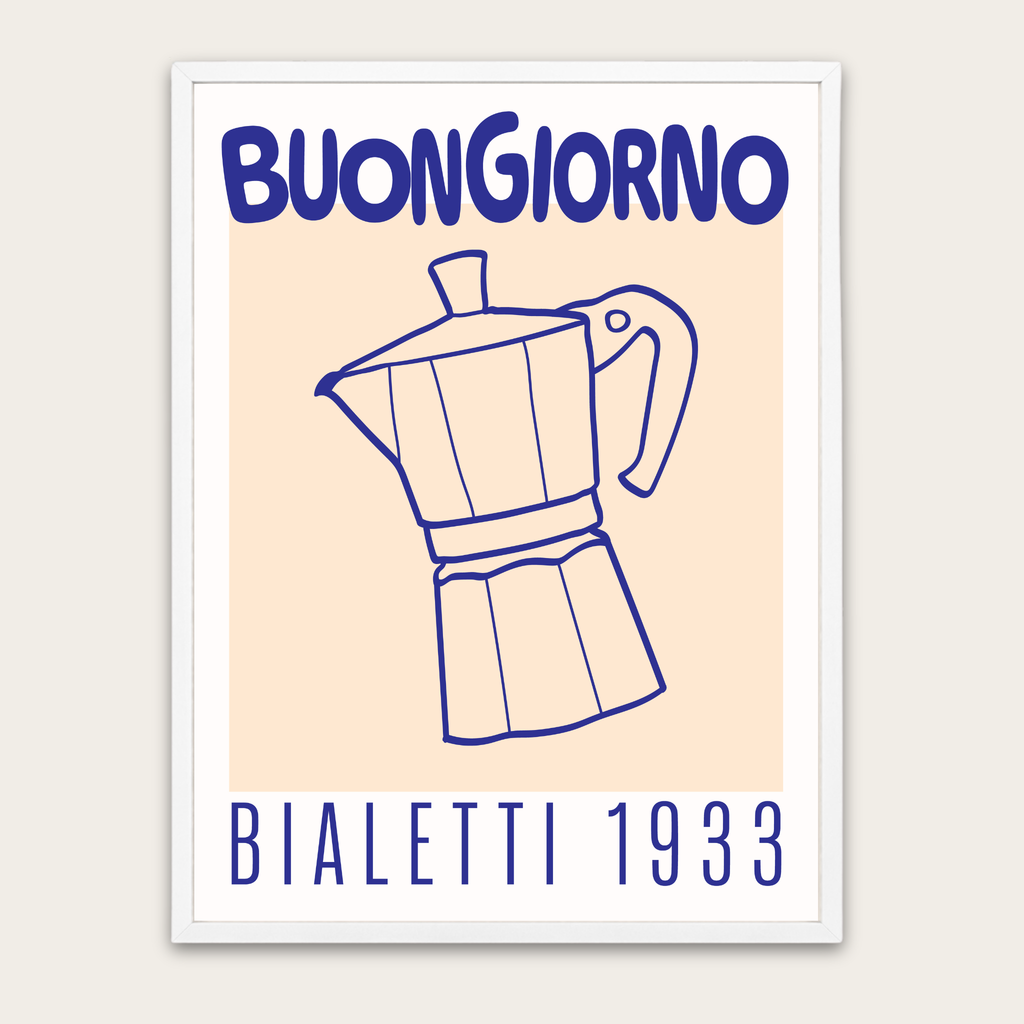 Buongiorno Bialetti 1933 Coffee Poster — Framed Italian Moka Pot Wall Art