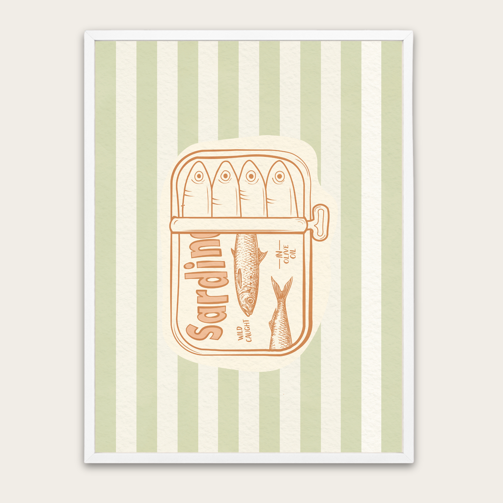 Sardines Retro Kitchen Poster with Wooden Frame — Vintage Seafood Wall Art