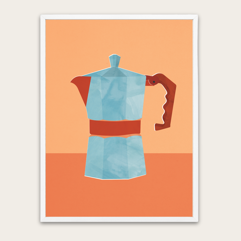 Poster met mokapot-koffiepot en houten lijst — Retro minimalistische keukenkunst