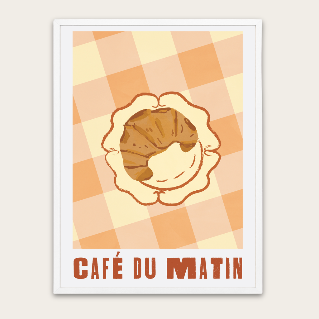 Café du Matin Poster — Vintage Croissant Art Print with Wooden Frame