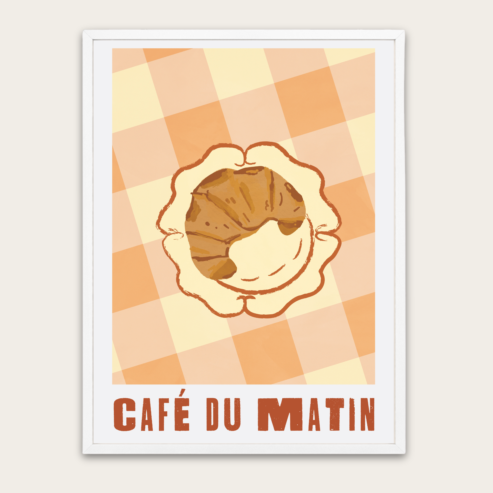 Café du Matin Poster — Vintage Croissant Art Print with Wooden Frame
