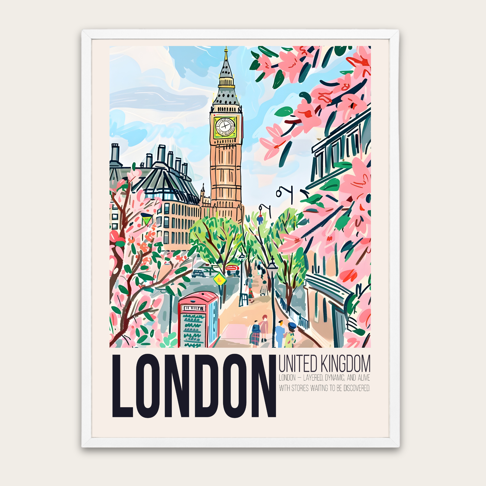 Reisposter van London Spring met houten frame – Vintage Big Ben muurdecoratie