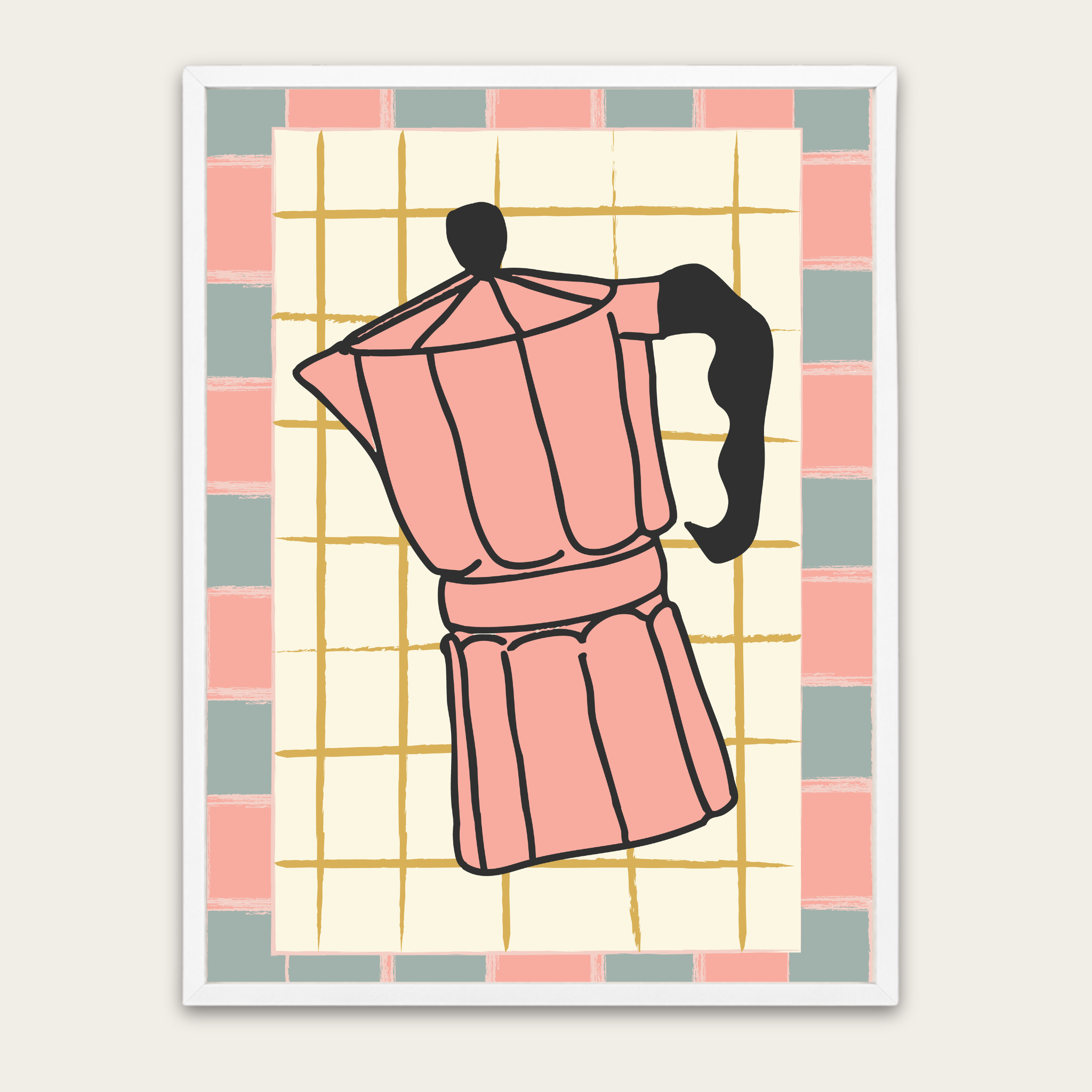 Bialetti Moka Pot Kitchen Poster with Wooden Frame — Pink Coffee Art Print