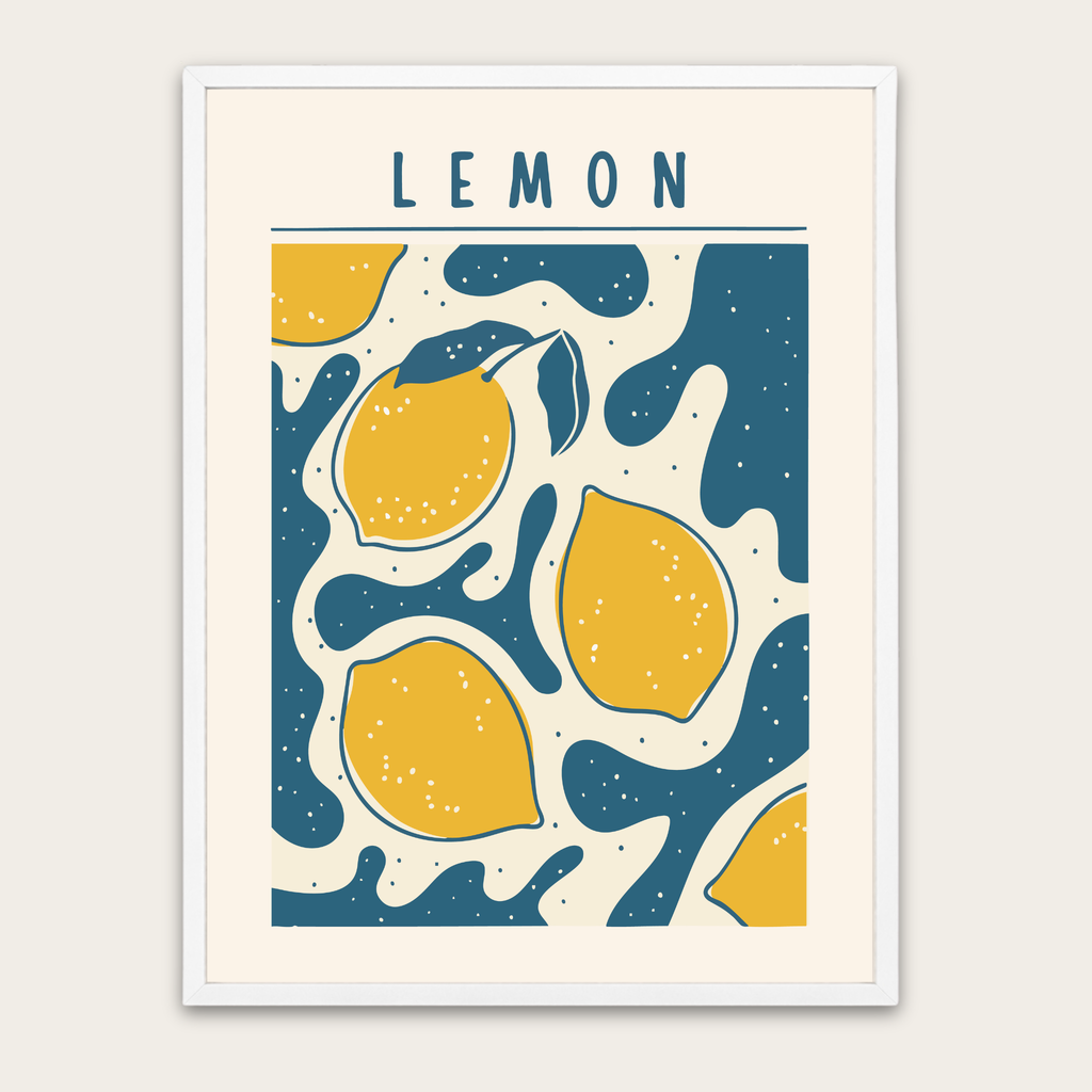 Lemon Fruit Art Poster — Retro Yellow Lemon Print with Wooden Frame