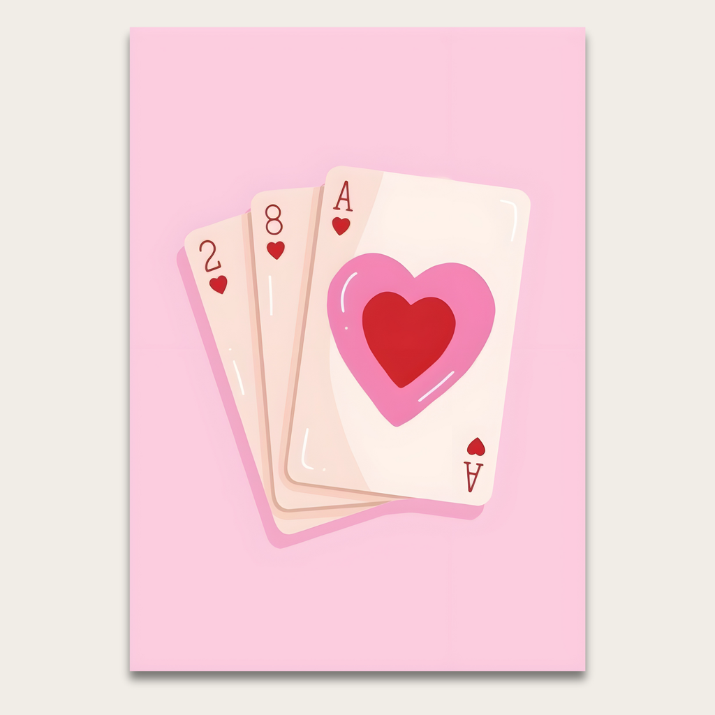 Pink Heart Playing Cards Poster — Cute Valentine Card Art Print