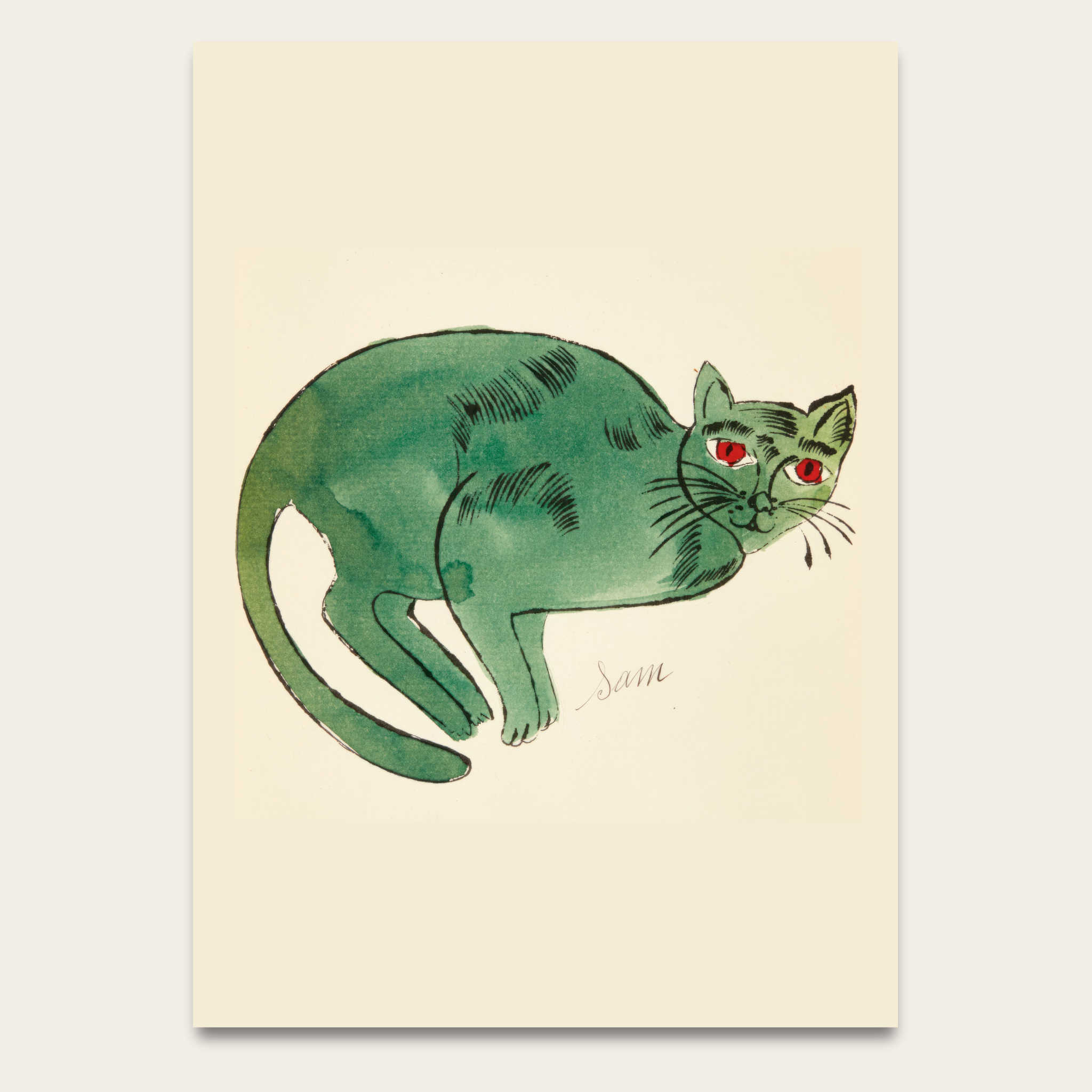 Green Watercolor Cat Poster — Playful Vintage-Style Wall Art