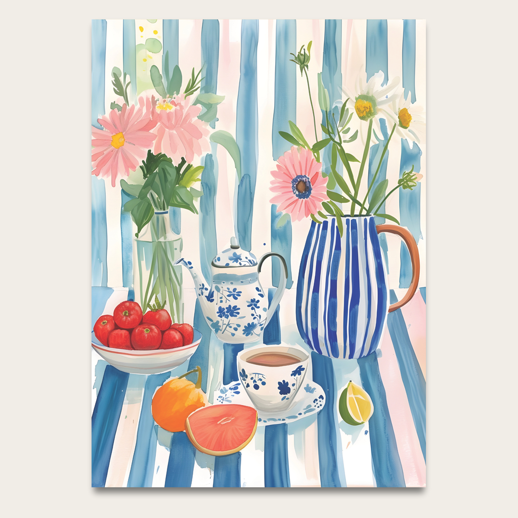 Still Life Floral Poster — Striped Blue Kitchen Art Print