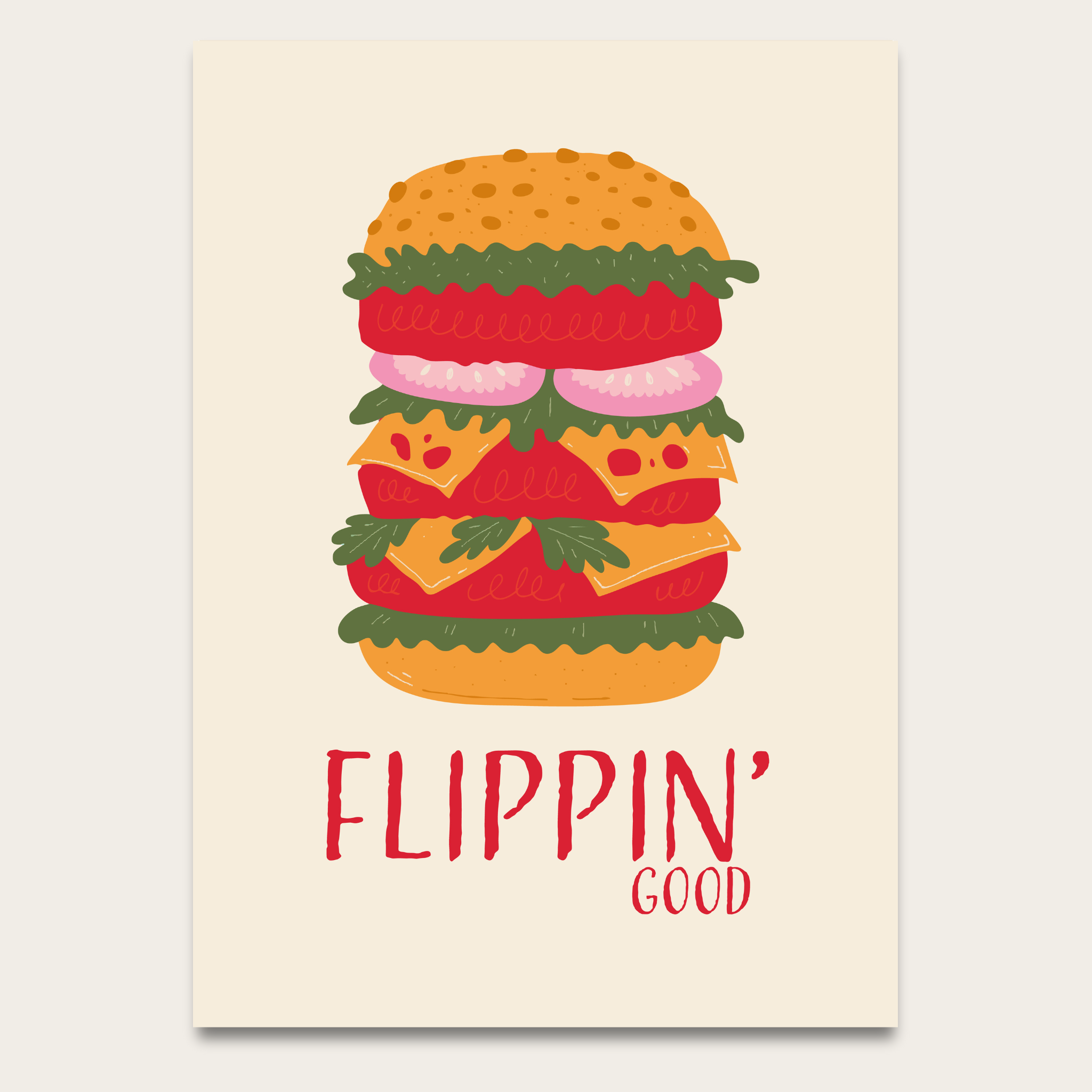 Flippin' Good Burger Poster — Retro Food Art Print for Kitchen or Cafe Decor