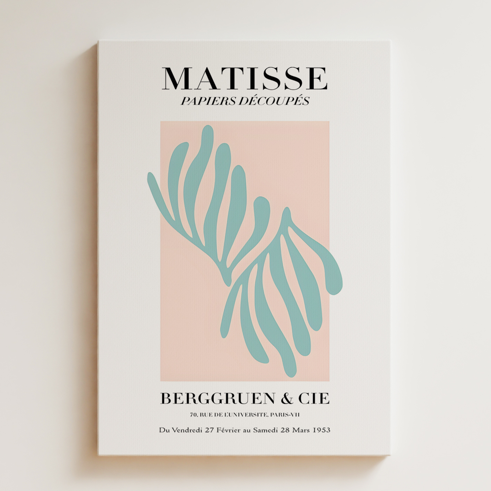 Matisse-Inspired Abstract Canvas Print — Blue Cutouts on Blush Matte Stretched Canvas