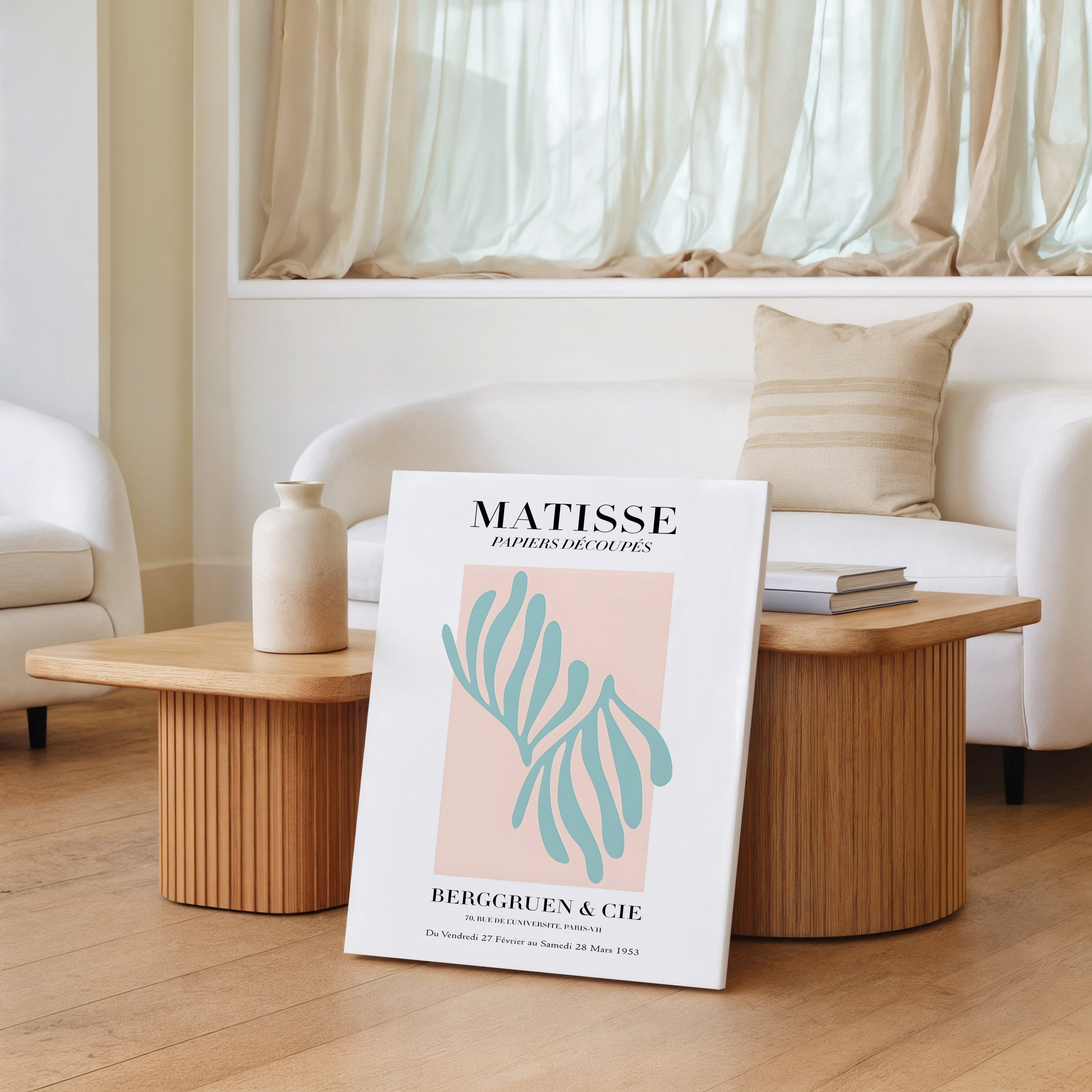 Matisse-Inspired Abstract Canvas Print — Blue Cutouts on Blush Matte Stretched Canvas