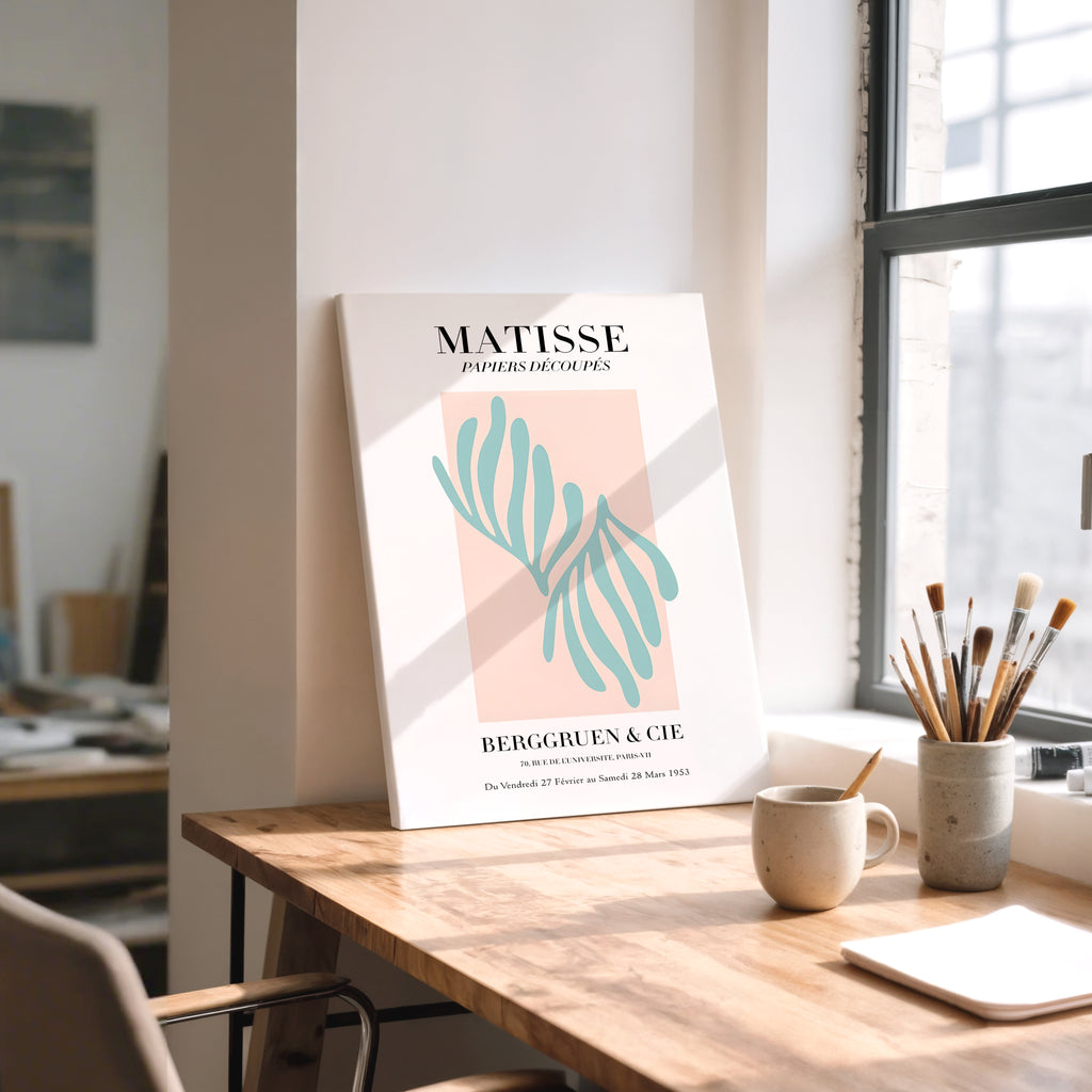 Matisse-Inspired Abstract Canvas Print — Blue Cutouts on Blush Matte Stretched Canvas