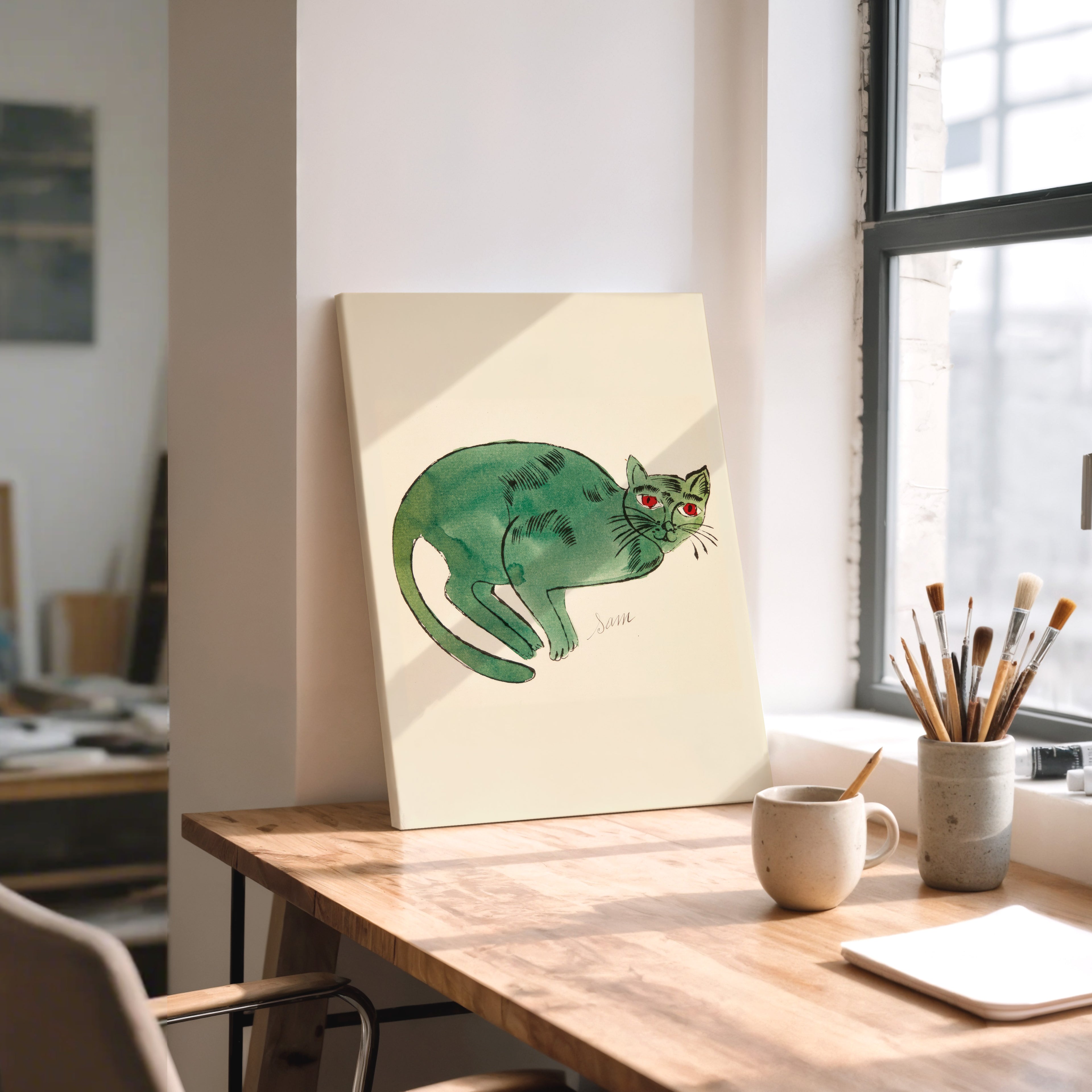 Green Cat Watercolor Canvas