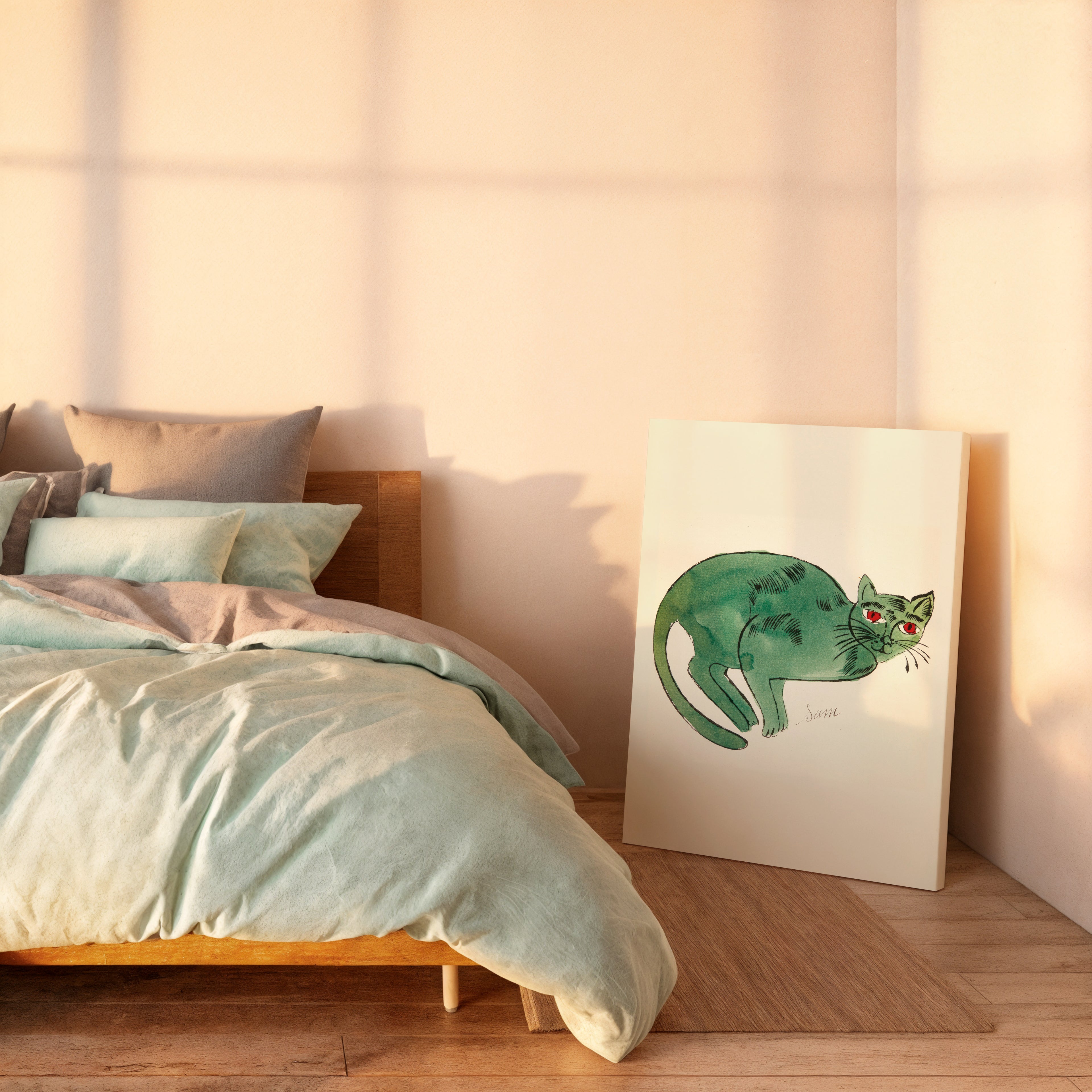 Green Cat Watercolor Canvas