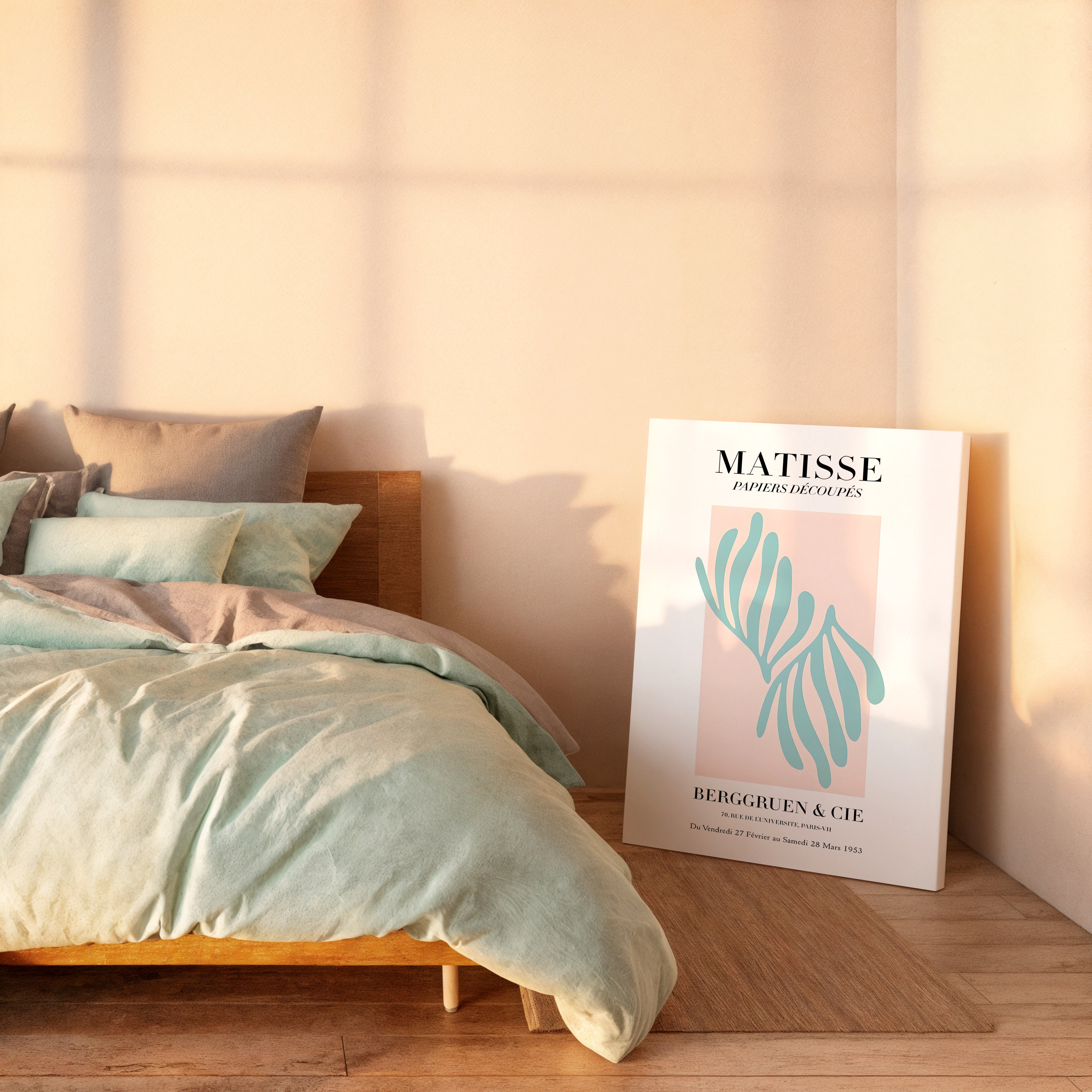 Matisse-Inspired Abstract Canvas Print — Blue Cutouts on Blush Matte Stretched Canvas