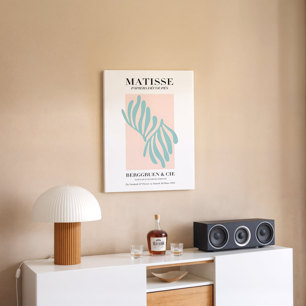 Matisse-Inspired Abstract Canvas Print — Blue Cutouts on Blush Matte Stretched Canvas