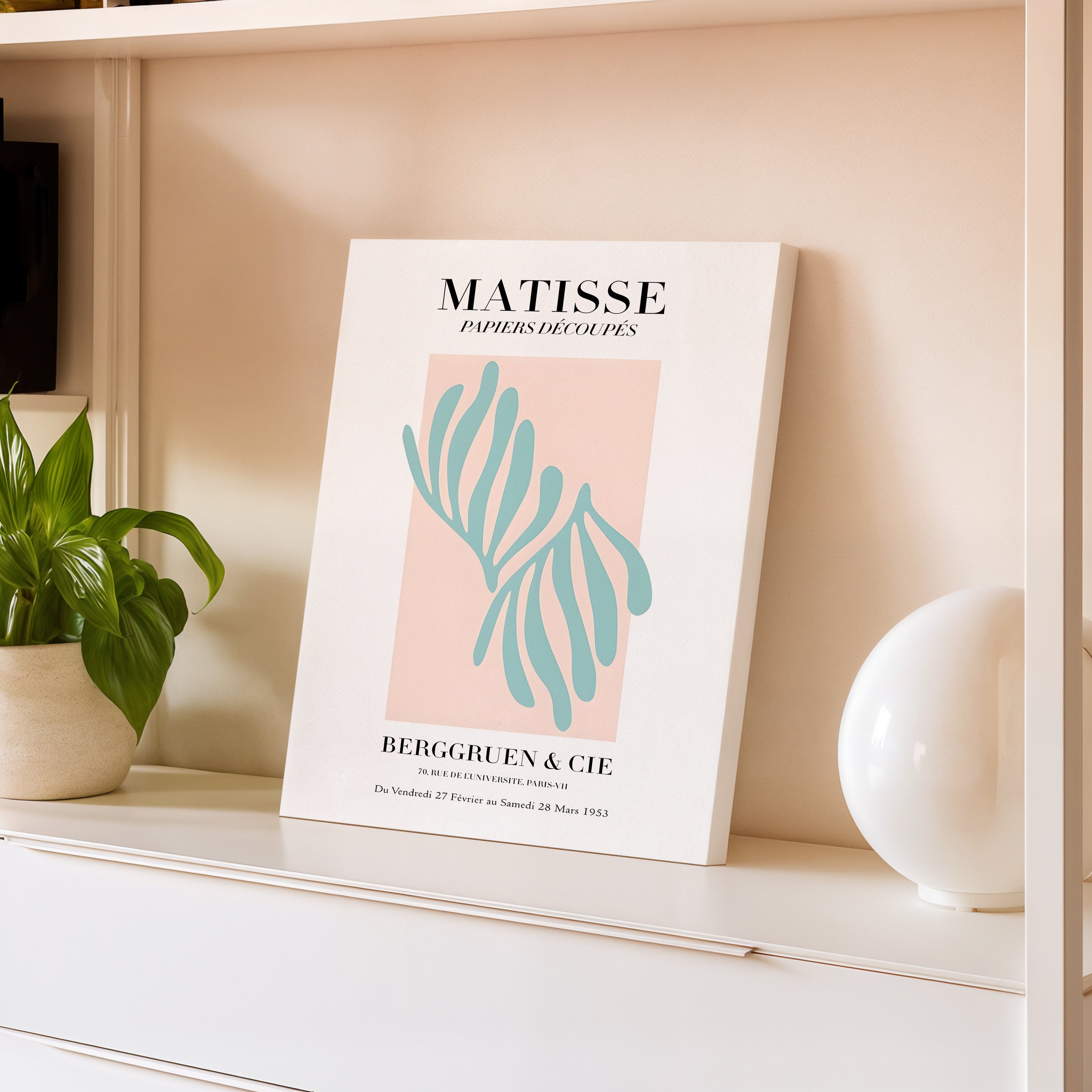 Matisse-Inspired Abstract Canvas Print — Blue Cutouts on Blush Matte Stretched Canvas