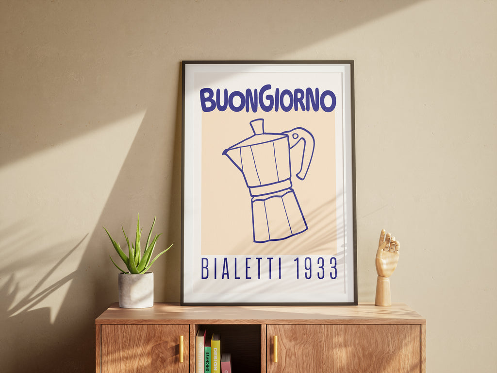 Buongiorno Bialetti 1933 Coffee Poster — Framed Italian Moka Pot Wall Art