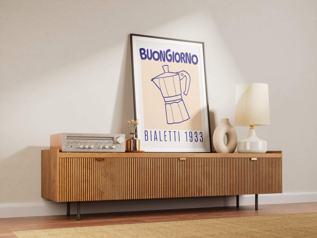 Buongiorno Bialetti 1933 Coffee Poster — Framed Italian Moka Pot Wall Art