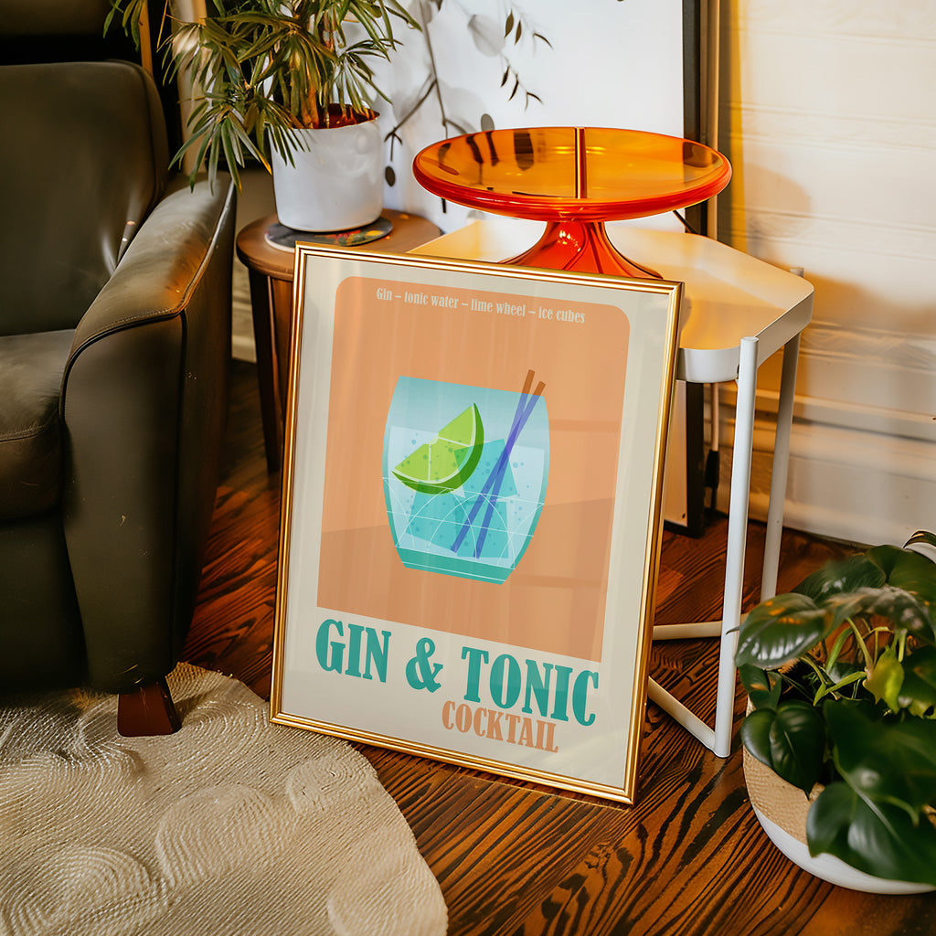 Gin & Tonic Cocktail Poster — Vintage Bar Art Print