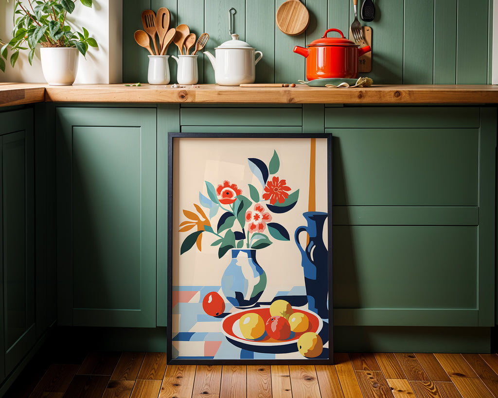 Still Life Floral Poster — Colorful Vase & Fruit Wall Art