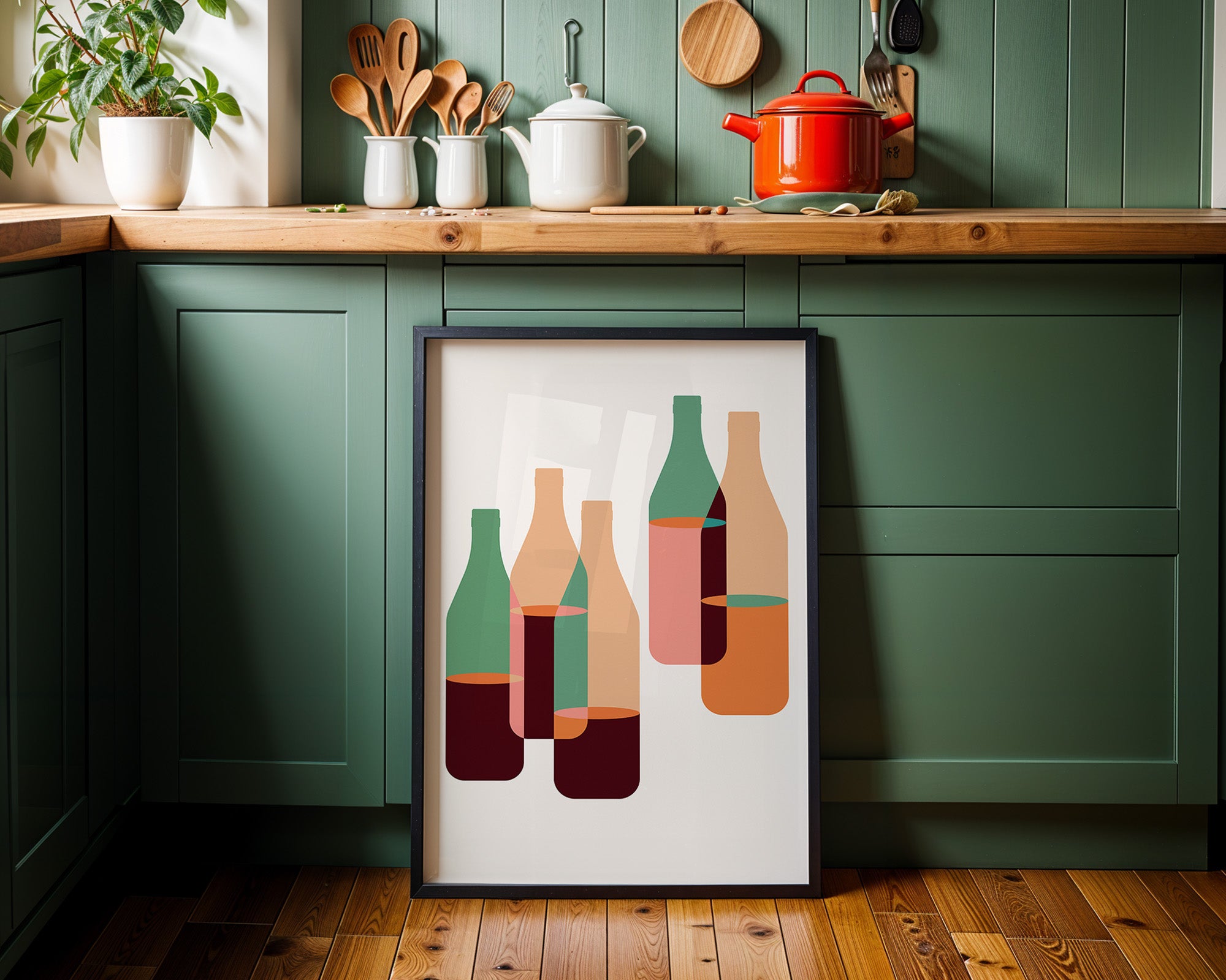 Minimalist Wine Bottle Poster — Midcentury Modern Kitchen Bar Art Print
