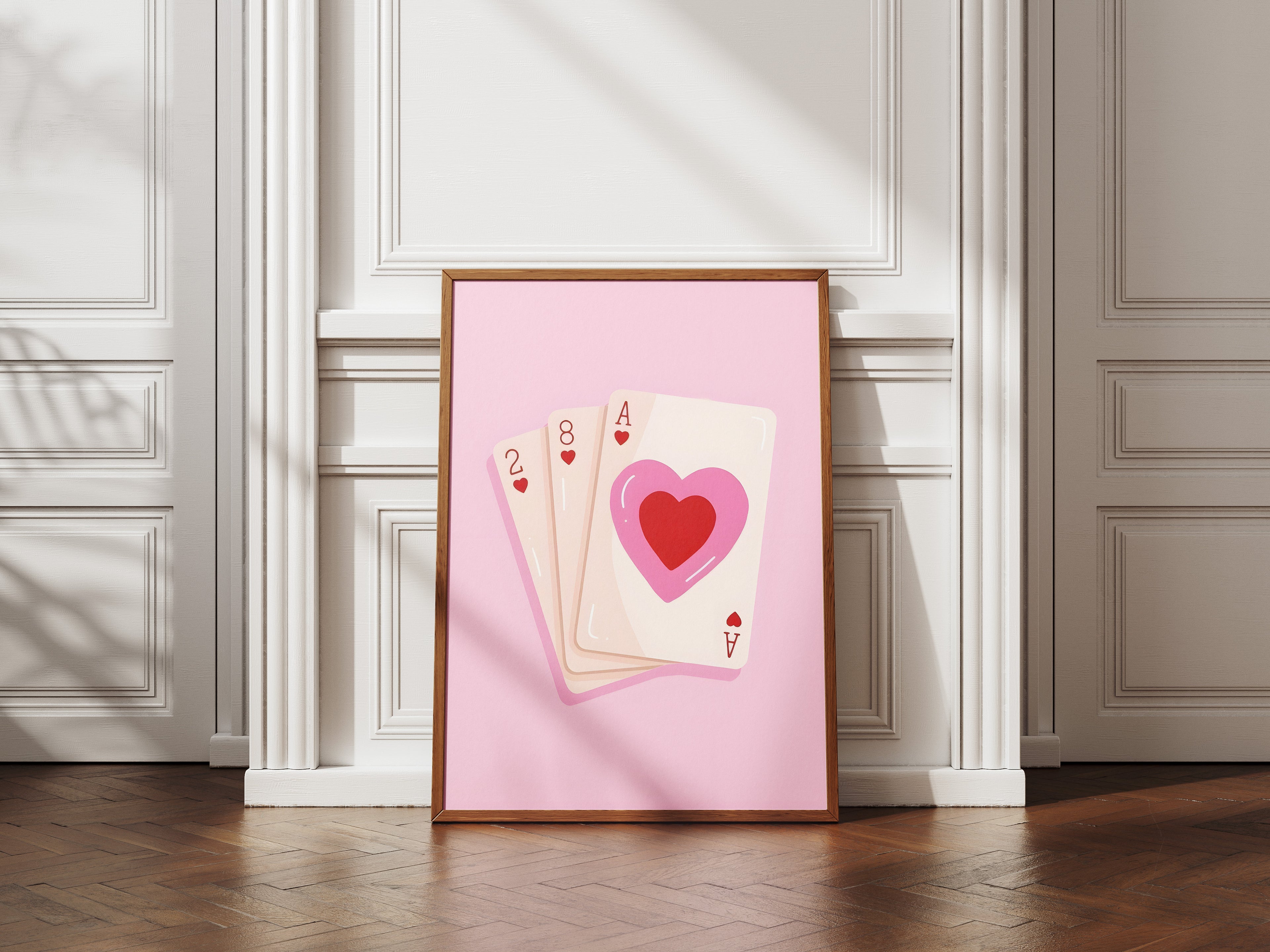 Pink Heart Playing Cards Poster — Cute Valentine Card Art Print