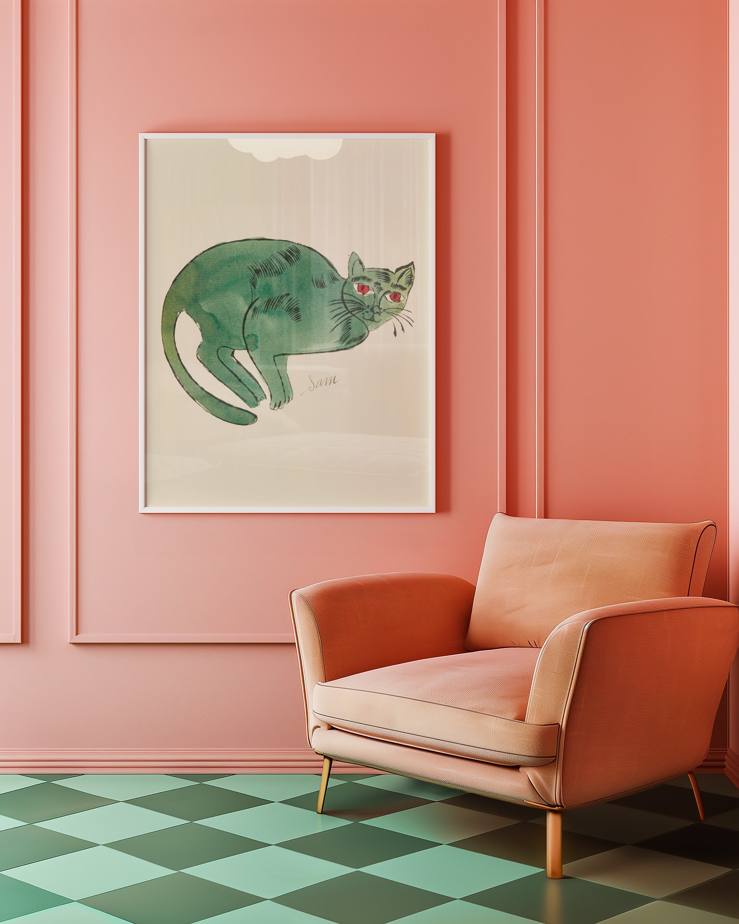 Green Watercolor Cat Poster — Playful Vintage-Style Wall Art