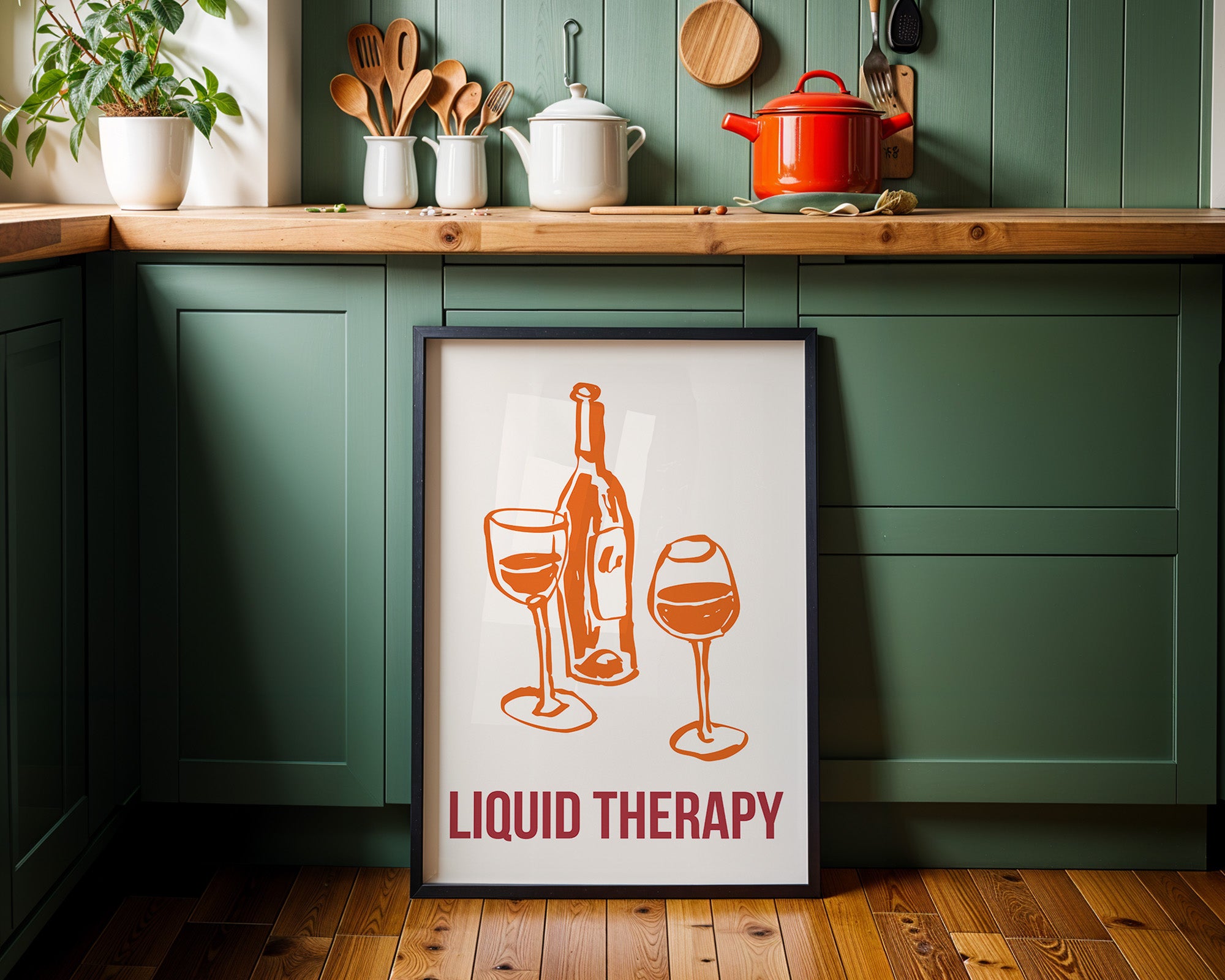 Liquid Therapy Poster — Wine Bottle & Glasses Wall Art for Kitchen, Bar, or Dining Room