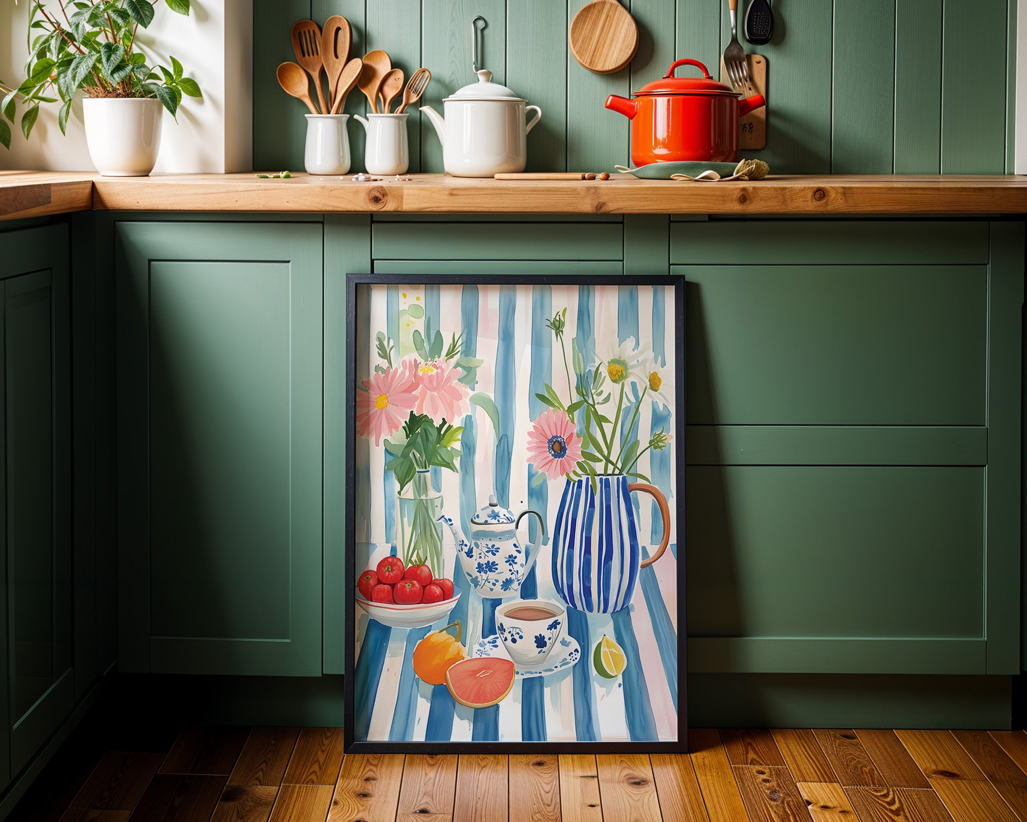 Still Life Floral Poster — Striped Blue Kitchen Art Print