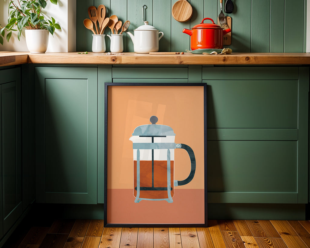 French Press Coffee Poster with Wooden Frame — Modern Kitchen Wall Art