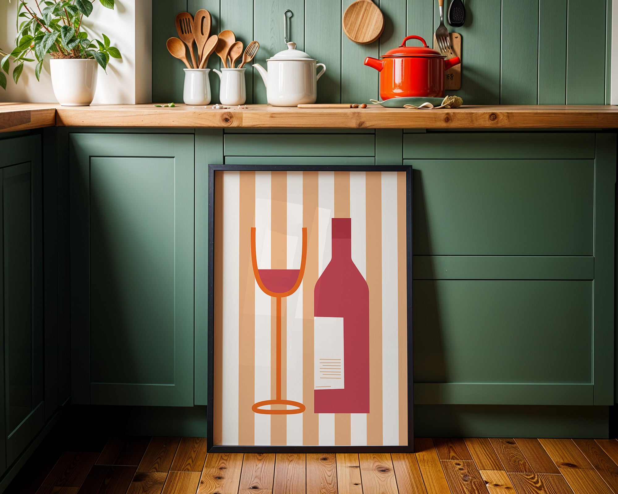 Wine Bottle & Glass Poster — Minimalist Retro Kitchen Wall Art