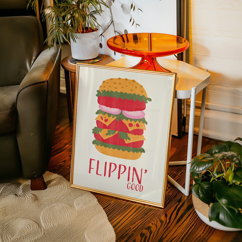 Flippin' Good Burger Poster — Retro Food Art Print for Kitchen or Cafe Decor