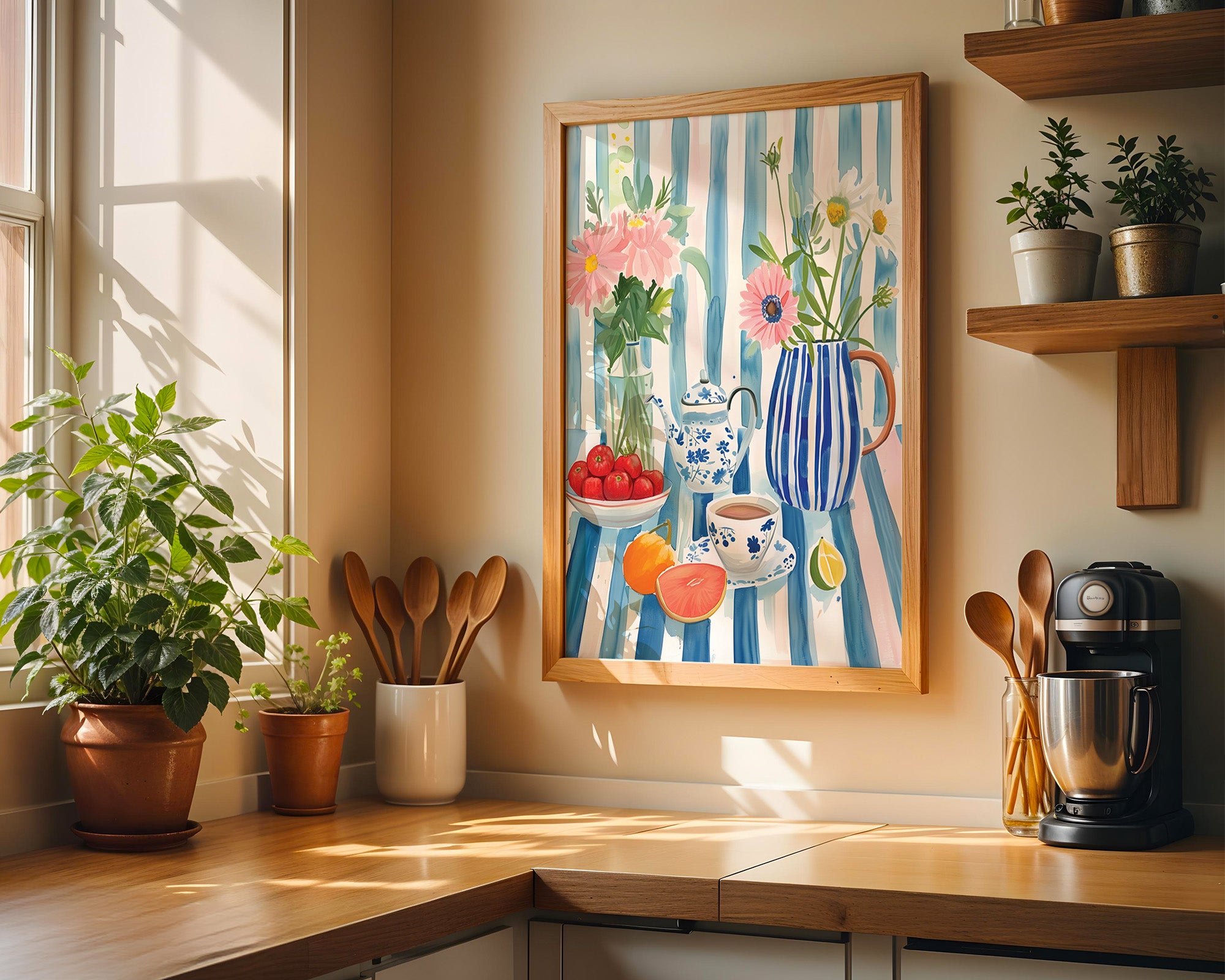 Still Life Floral Poster — Striped Blue Kitchen Art Print