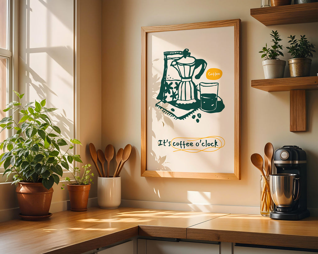 Coffee O'Clock Poster — Bialetti Moka Pot Kitchen Wall Art