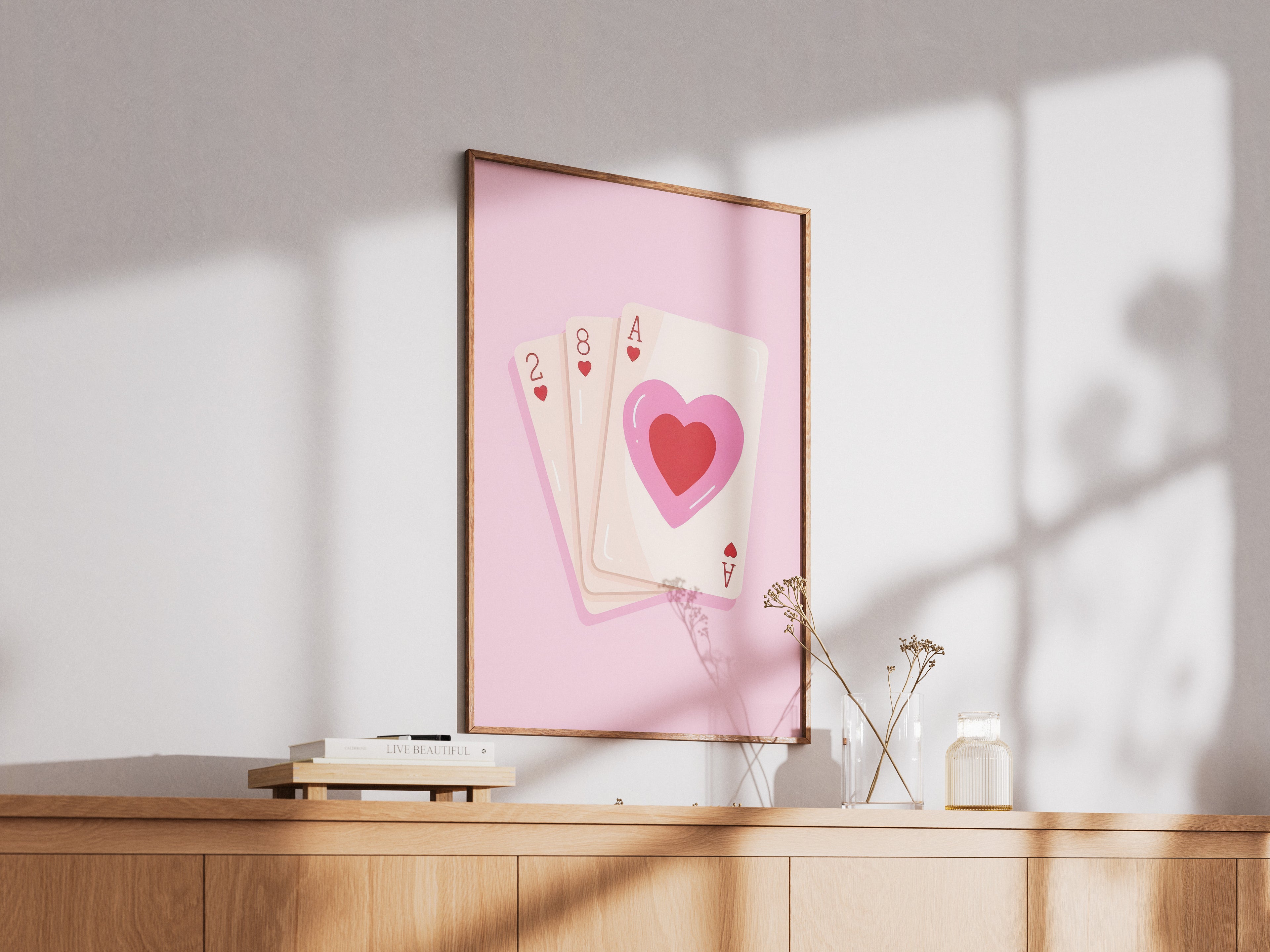 Pink Heart Playing Cards Poster — Cute Valentine Card Art Print