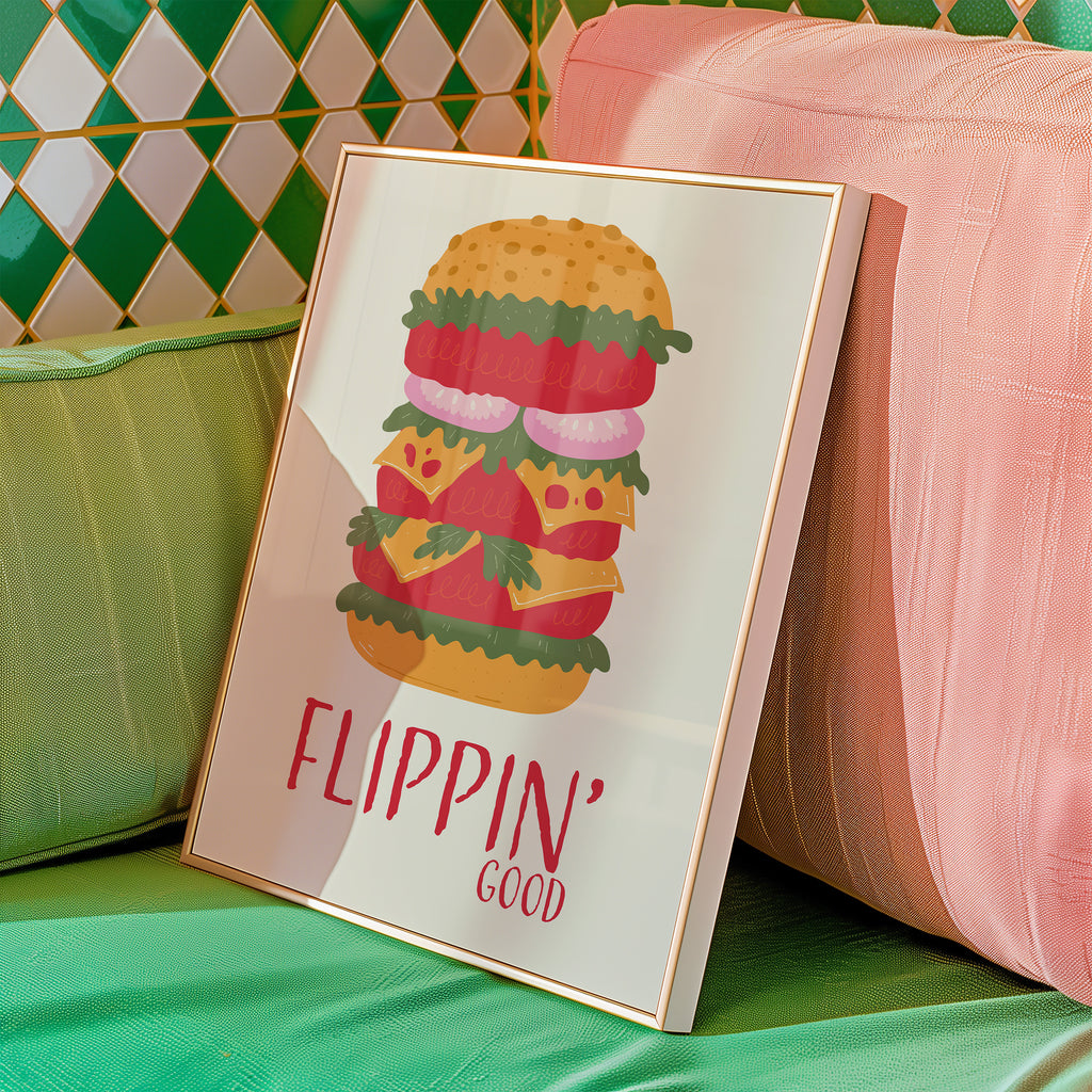 Flippin' Good Burger Poster — Retro Food Art Print for Kitchen or Cafe Decor
