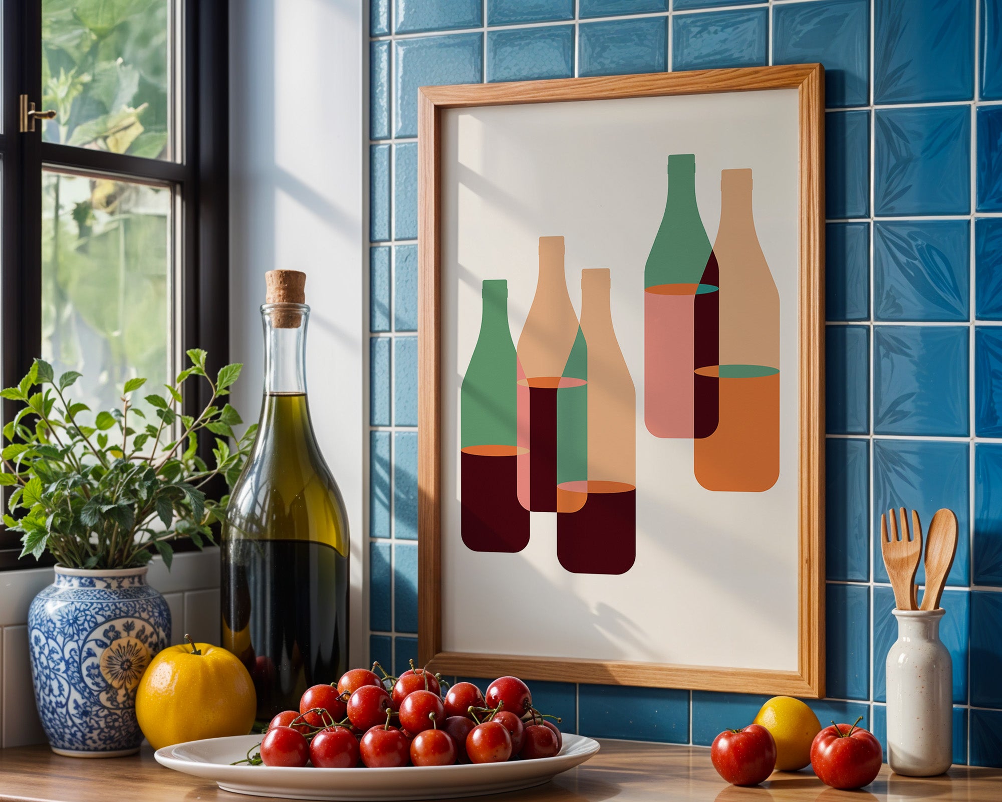 Minimalist Wine Bottle Poster — Midcentury Modern Kitchen Bar Art Print