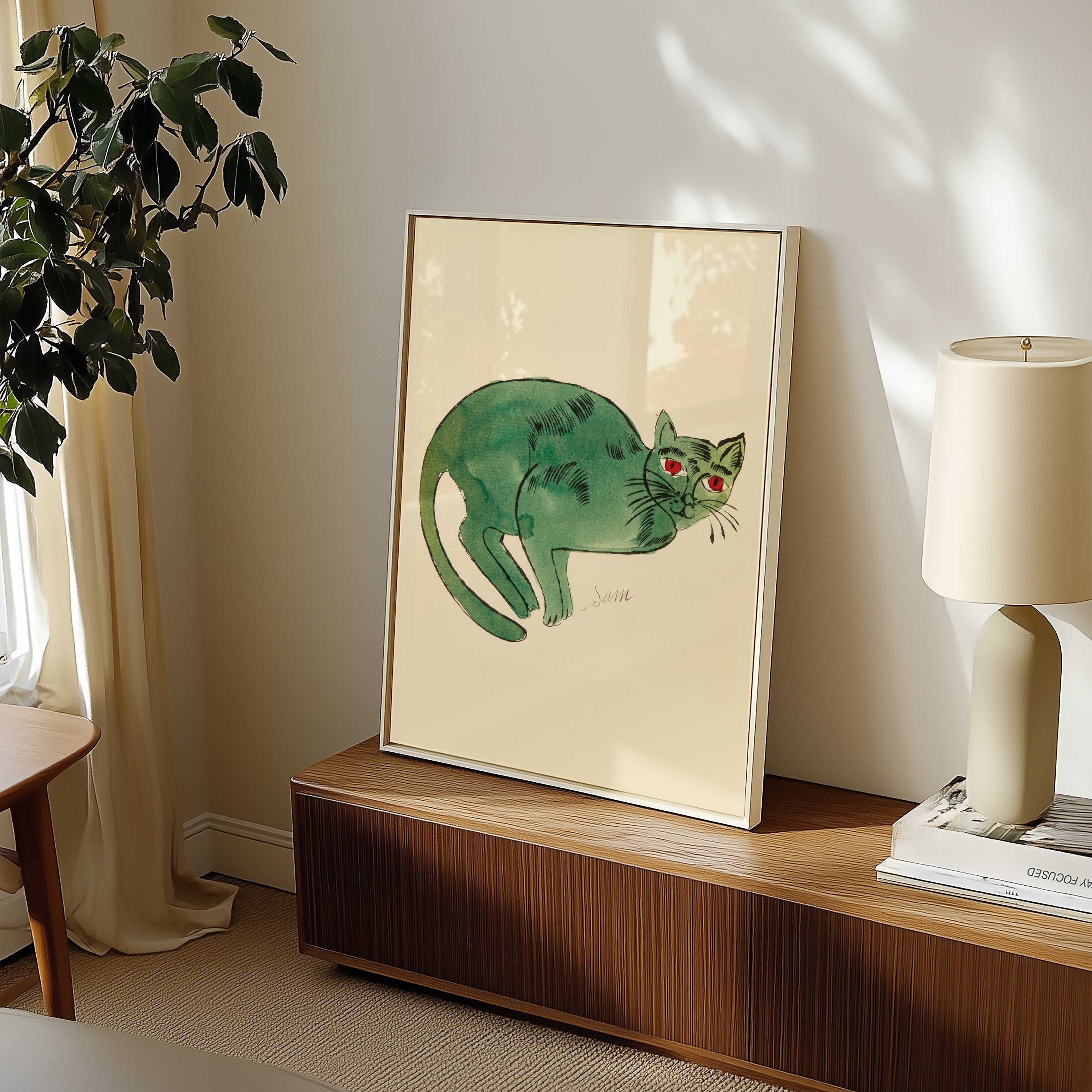 Green Watercolor Cat Poster — Playful Vintage-Style Wall Art