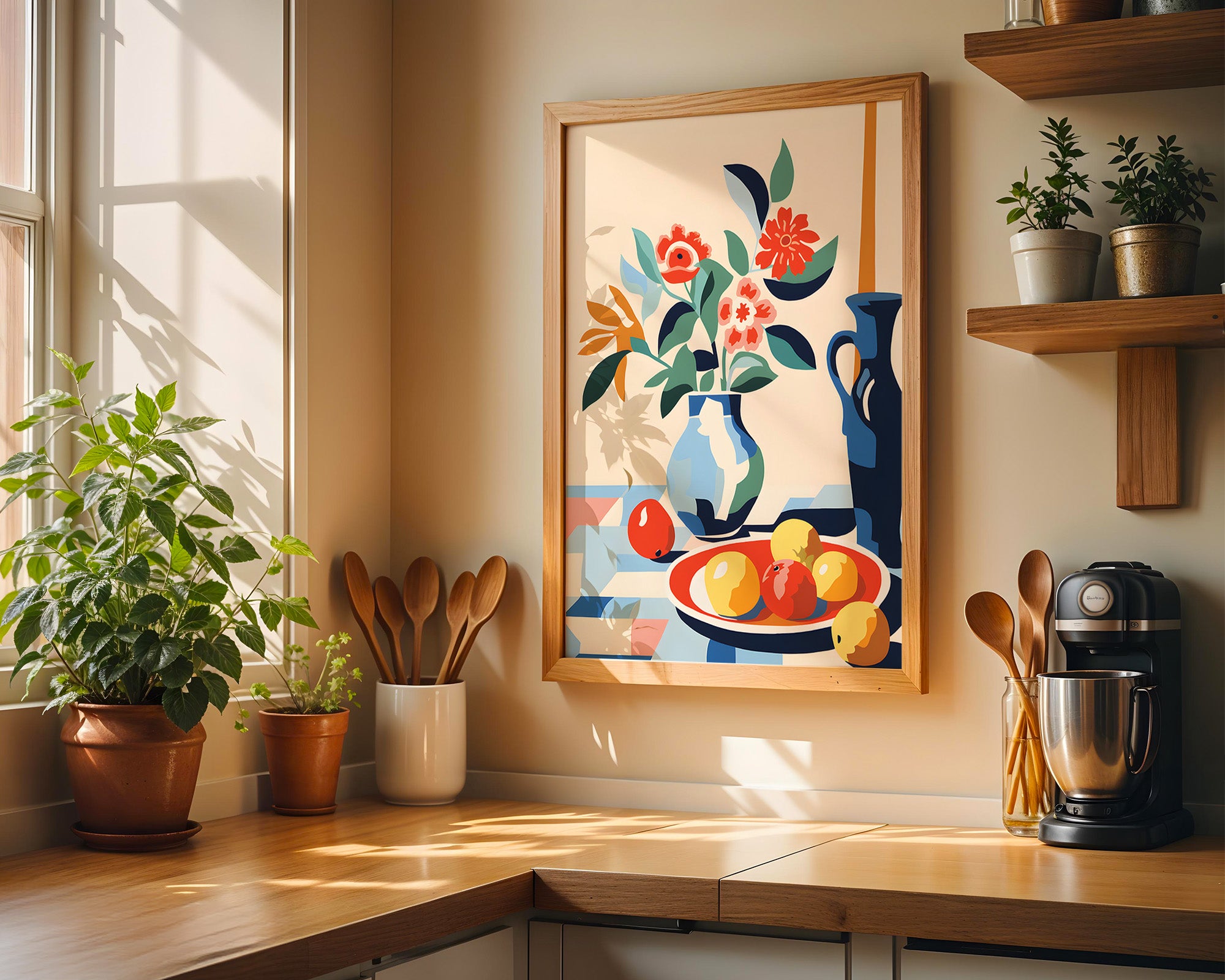 Still Life Floral Poster — Colorful Vase & Fruit Wall Art
