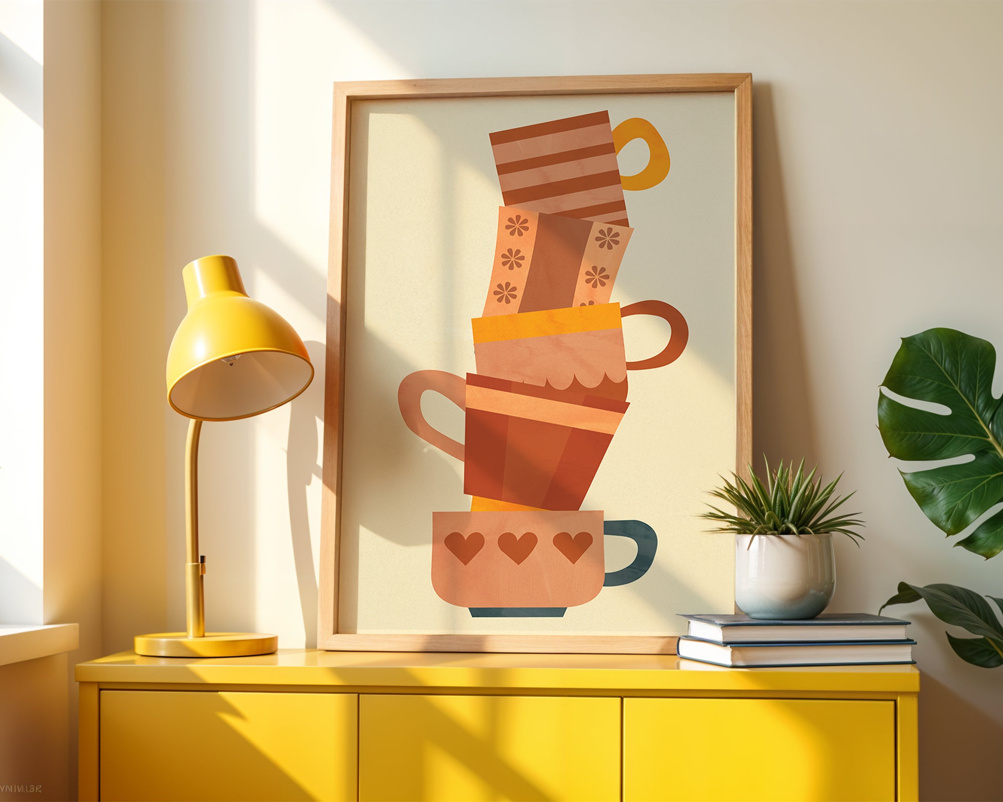 Stacked Coffee Cups Poster — Retro Kitchen Wall Art, Warm Ceramic Mug Illustration