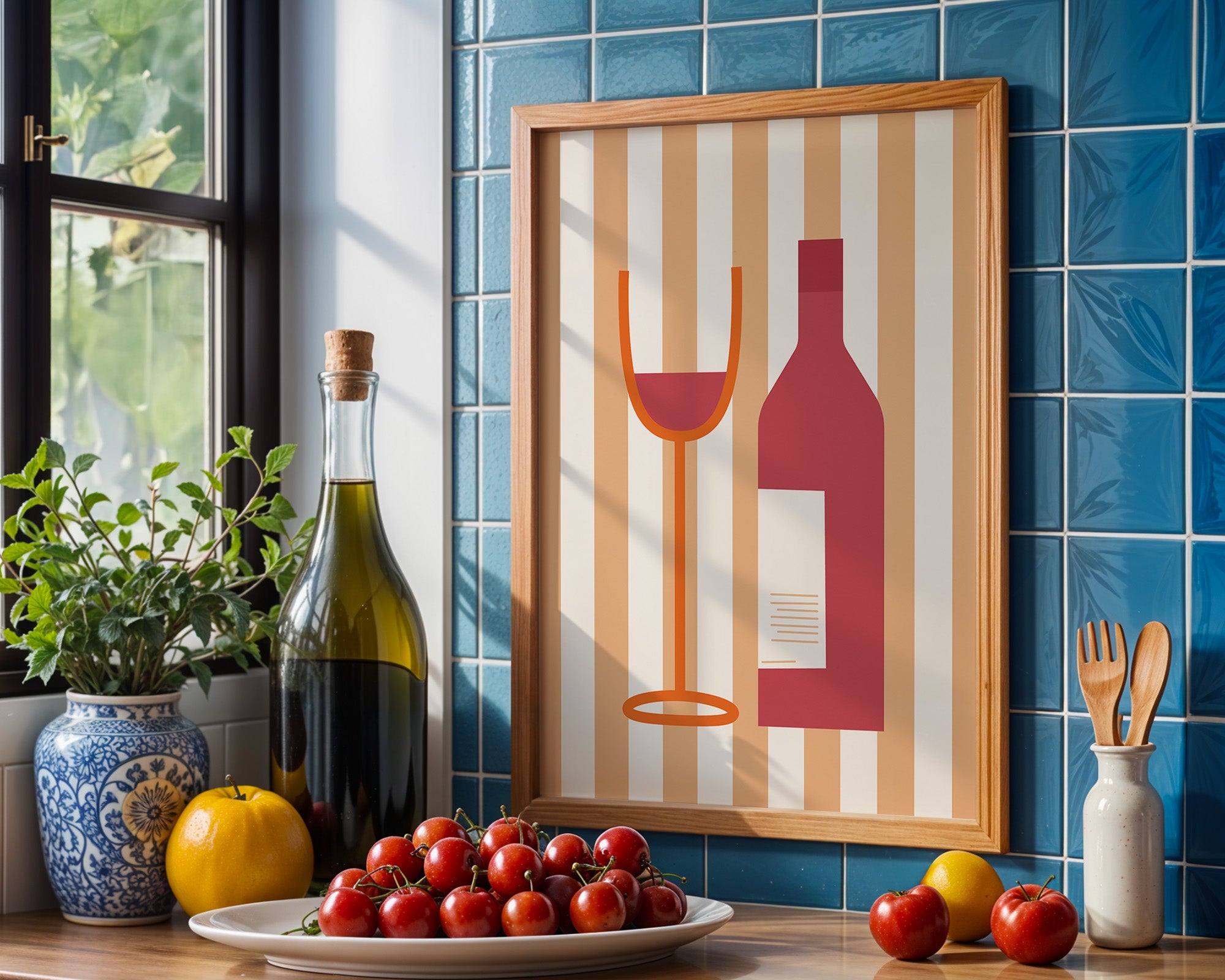 Wine Bottle & Glass Poster — Minimalist Retro Kitchen Wall Art