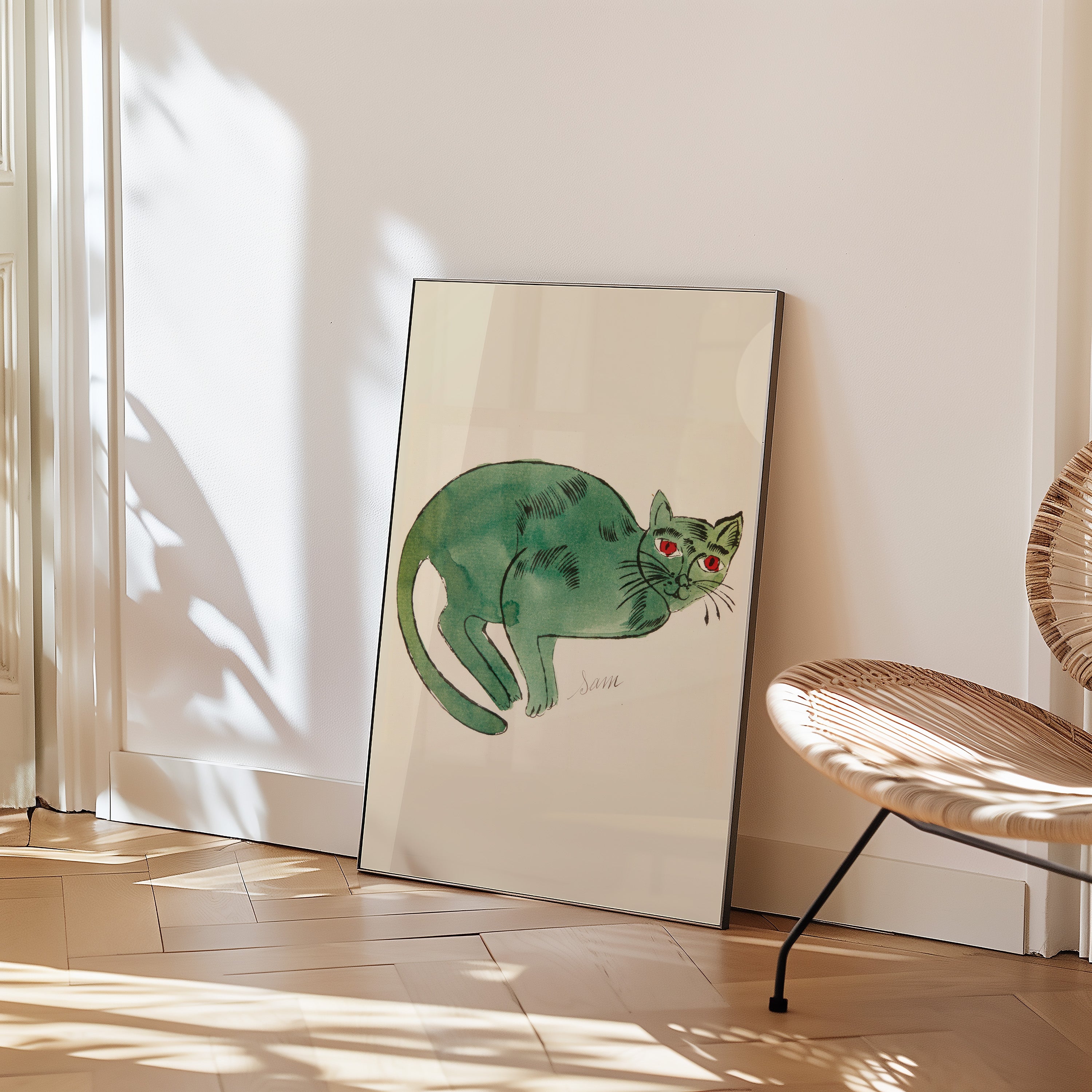 Green Watercolor Cat Poster — Playful Vintage-Style Wall Art