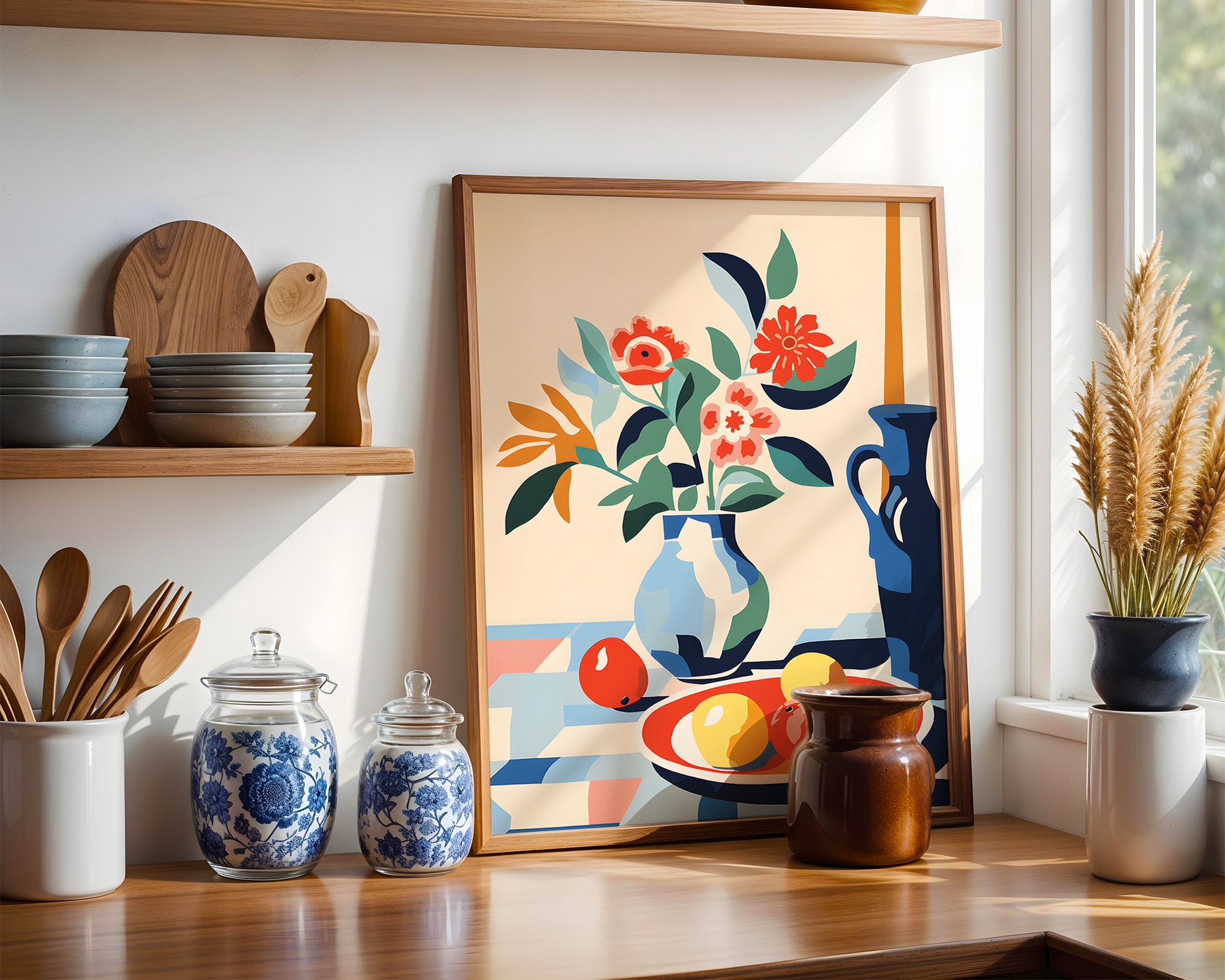 Still Life Floral Poster — Colorful Vase & Fruit Wall Art